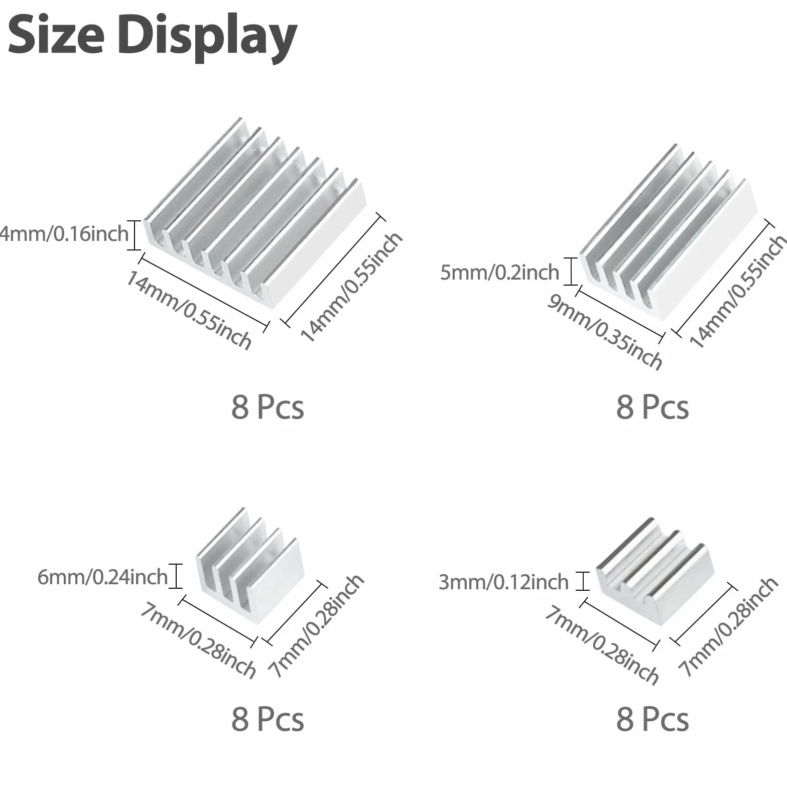 Zestaw 32 radiatorów (zestaw 8 sztuk) do Raspberry Pi 4B, aluminiowy, zestaw chłodzący radiatorem z taśmą przewodzącą ciepło, model 4, model B, srebrny