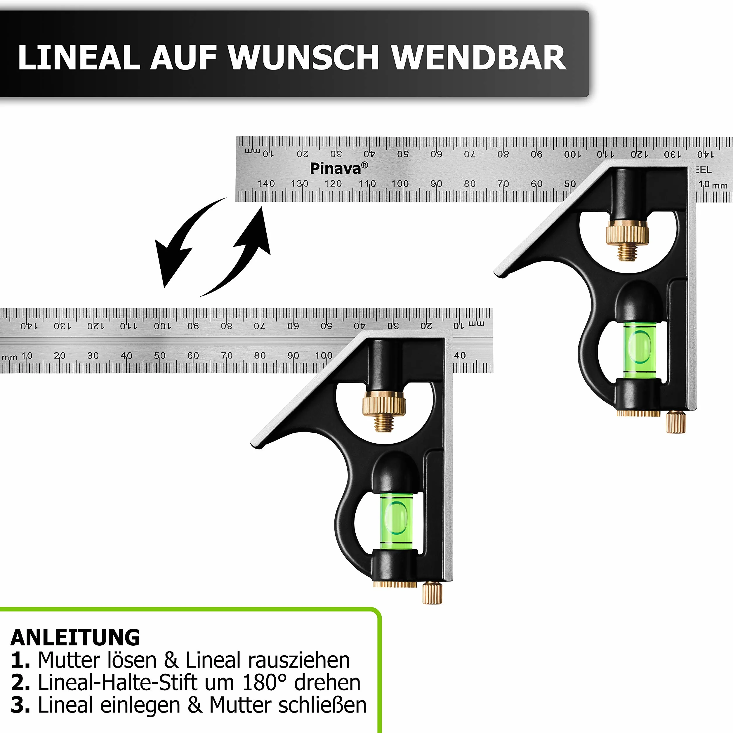 PINAVA® Kątownik łączony 150 mm [przeciwbieżna skala i precyzyjny kąt] – mały kątownik uniwersalny z metalowym ogranicznikiem – idealnie czytelny multikąt, Combination Square