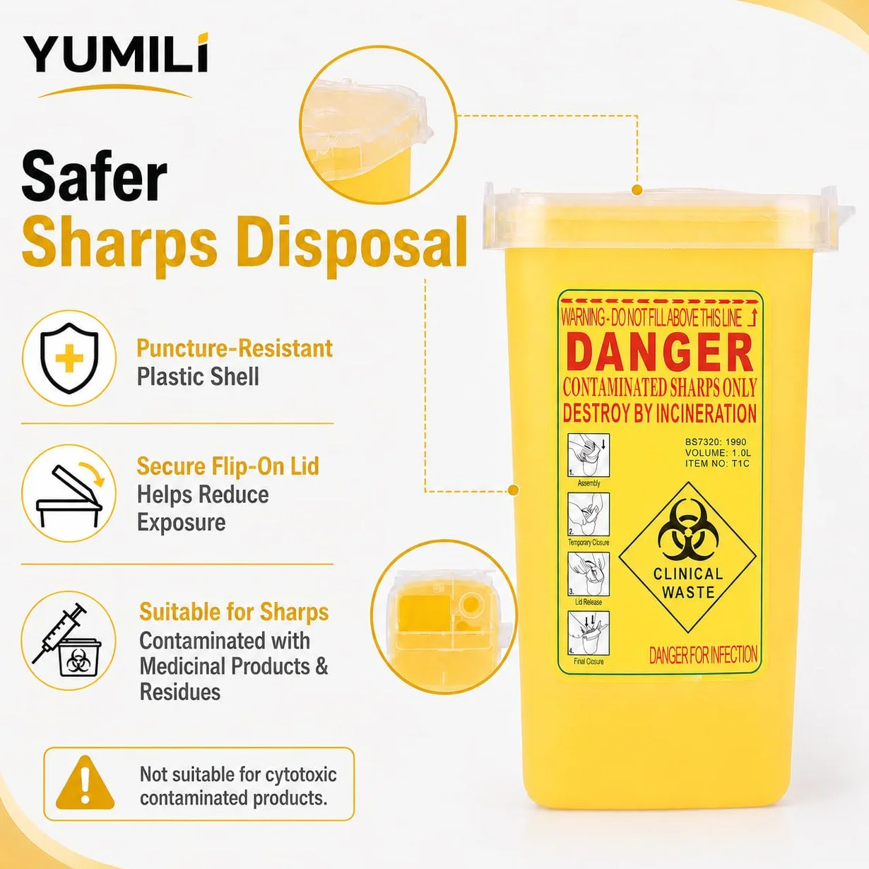 Sharps Container, 1 x zbieracz igieł, pojemnik na ostre i ostre przedmioty, jednorazowe pudełko z tworzywa sztucznego do tatuażu, organiczne usuwanie igieł z pokrywką