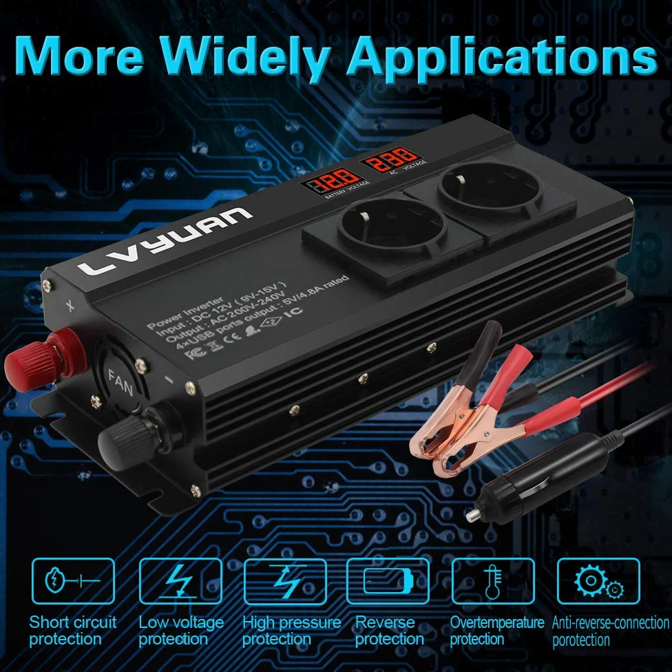 LVYUAN 2000W przetwornica napięcia DC 12V na 230V AC z diodą LED, 4 porty USB, 3 gniazda AC do użytku na zewnątrz, awaryjna awaria zasilania