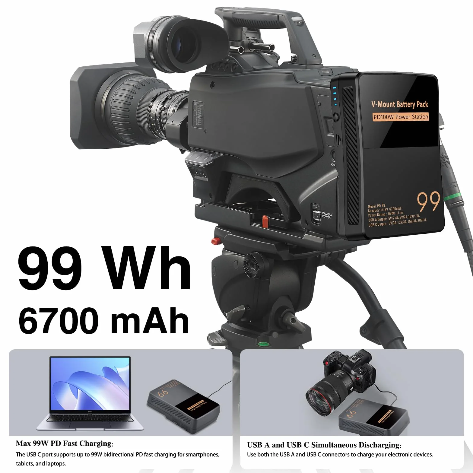 V Mount/V-Lock akumulator 99 Wh 6700 mAh Mini V-Mount akumulator z PD 100 W USB-C kabel do szybkiego ładowania i wtyczka PD 65 W do kamkordera, aparatu, monitora polowego, oświetlenia wideo