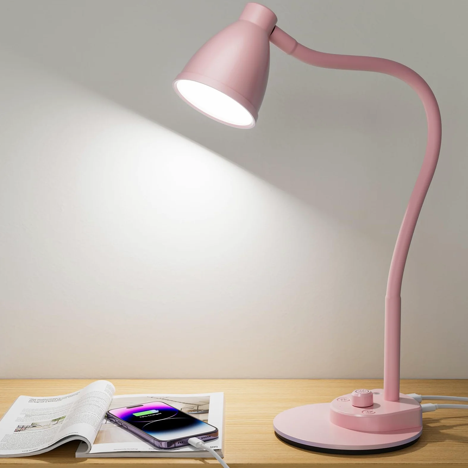 BOHON Ładna lampa biurkowa z portem ładowania USB, różowa lampa, 3 tryby kolorów, ściemniana lampa do czytania, automatyczna ściemniana elastyczna lampa stołowa z łabędzią szyjką