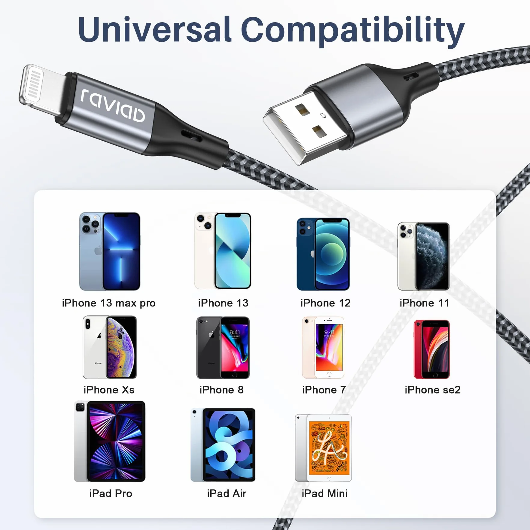 RAVIAD Kabel Lightning 3m MFi oplatany nylonem szybkie ładowanie iPhone 13 12 11 Pro Max Xs X XR 8 7 6s 6 SE 5 5s 5c szary