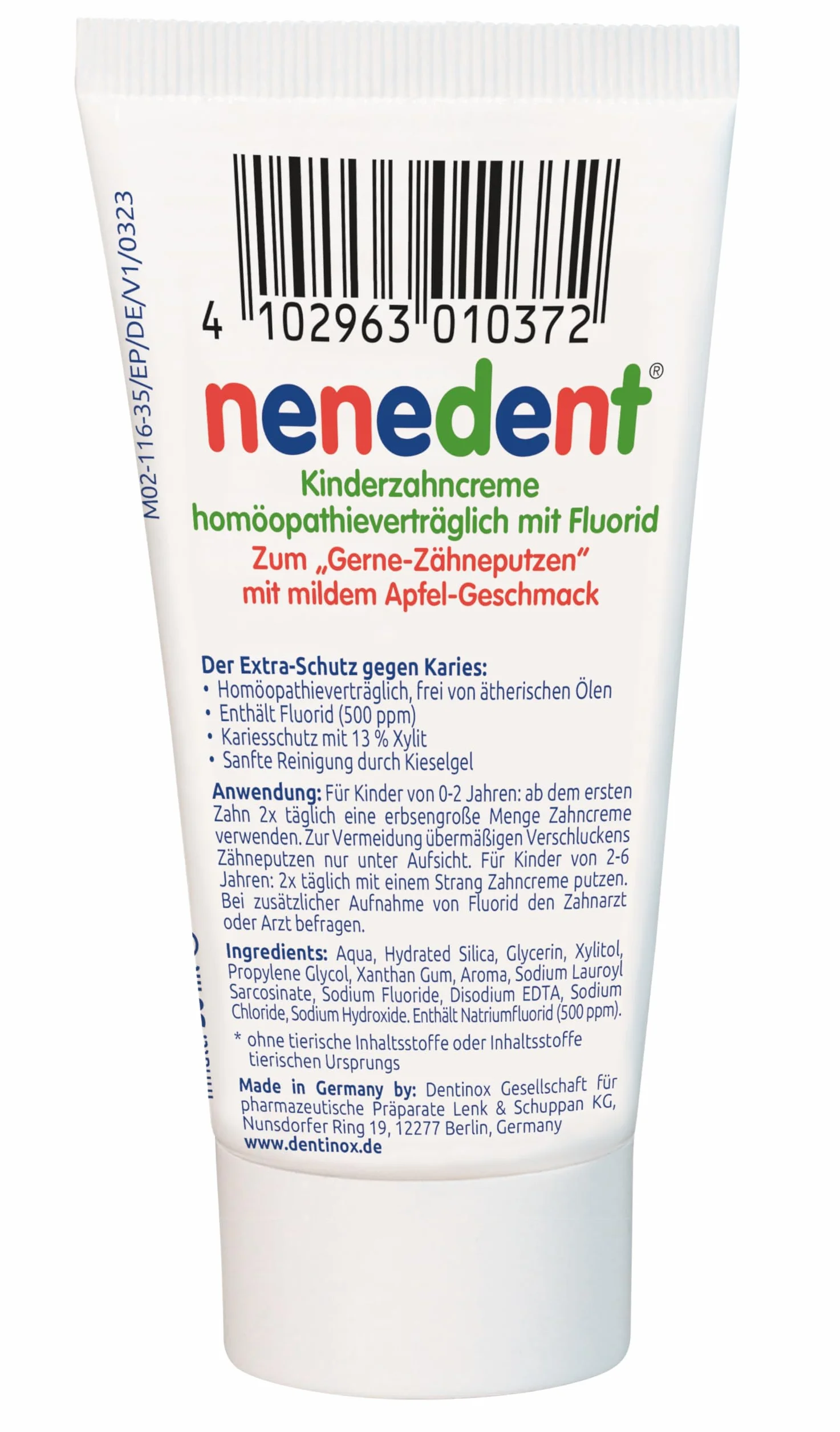 nenedent® Krem do zębów dla dzieci, homeopatia z fluorem – delikatna pielęgnacja dla silnej ochrony | fluorek 500 ppm | nie zawiera olejków eterycznych, 1 x 50 ml