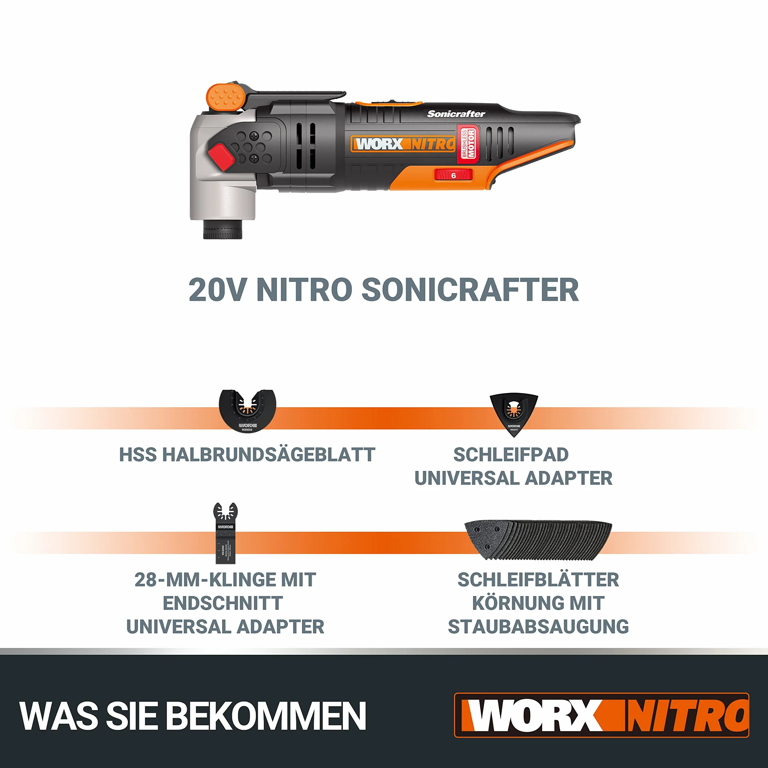 WORX WX693.9 Nitro Sonicrafter Akumulatorowe Narzędzie Wielofunkcyjne 20V, Silnik Bezszczotkowy, do Cięcia, Polerowania, Piłowania, do Obróbki Różnych Materiałów, bez Akumulatora i Ładowarki