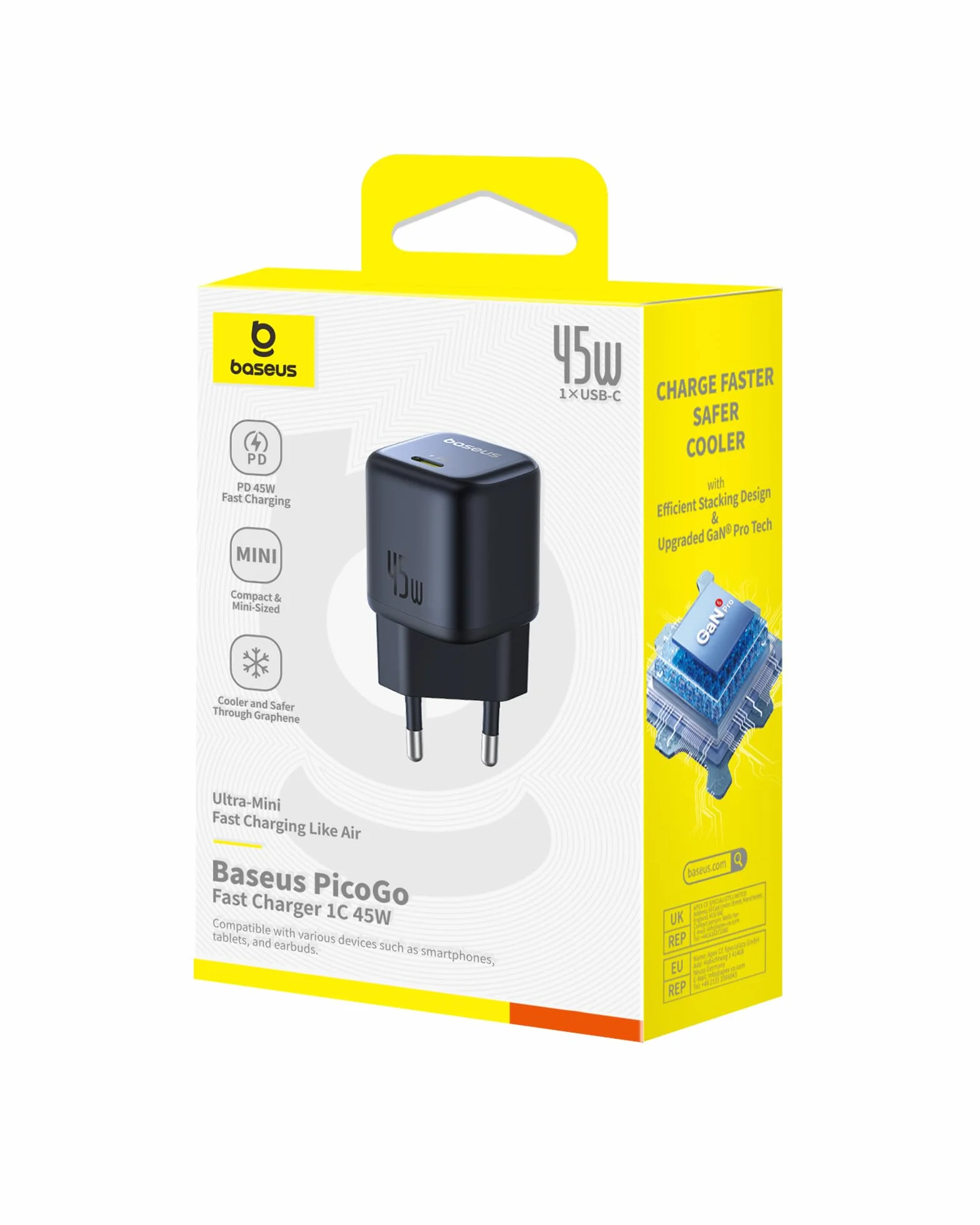 Baseus PicoGo USB C Ładowarka, 45W USB C Zasilacz PD 3.0 PPS Szybka ładowarka kompatybilna z iPhone 16/16 Pro Max/15-12, Galaxy S24 Ultra, Pixel, iPad Pro/Air, Steam Deck