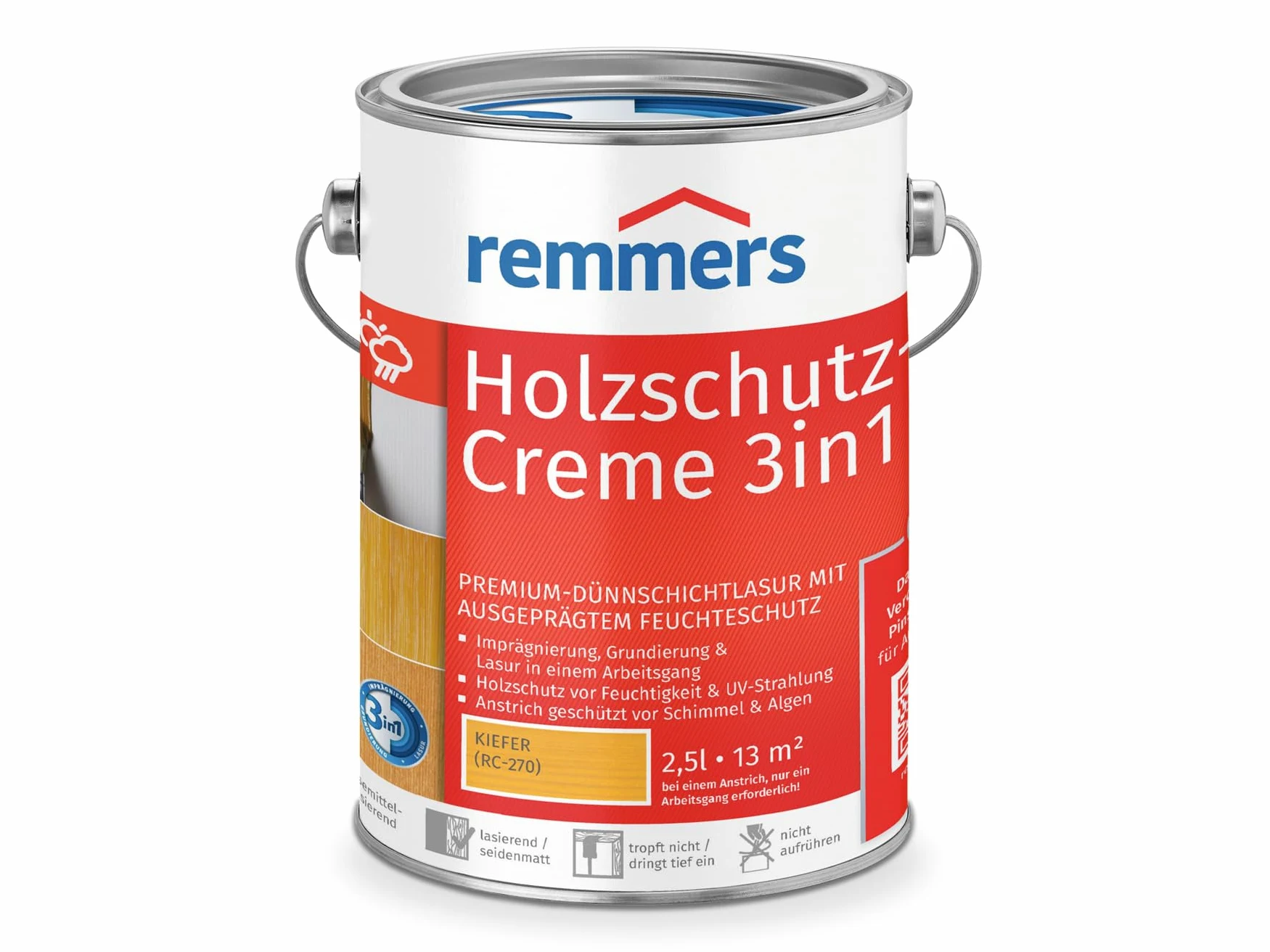 Remmers Krem ochronny do drewna 3 w 1, sosna, 2,5 litra, bejca do drewna, do użytku na zewnątrz, potrójna ochrona drewna z impregnacją + gruntowaniem + lazurą