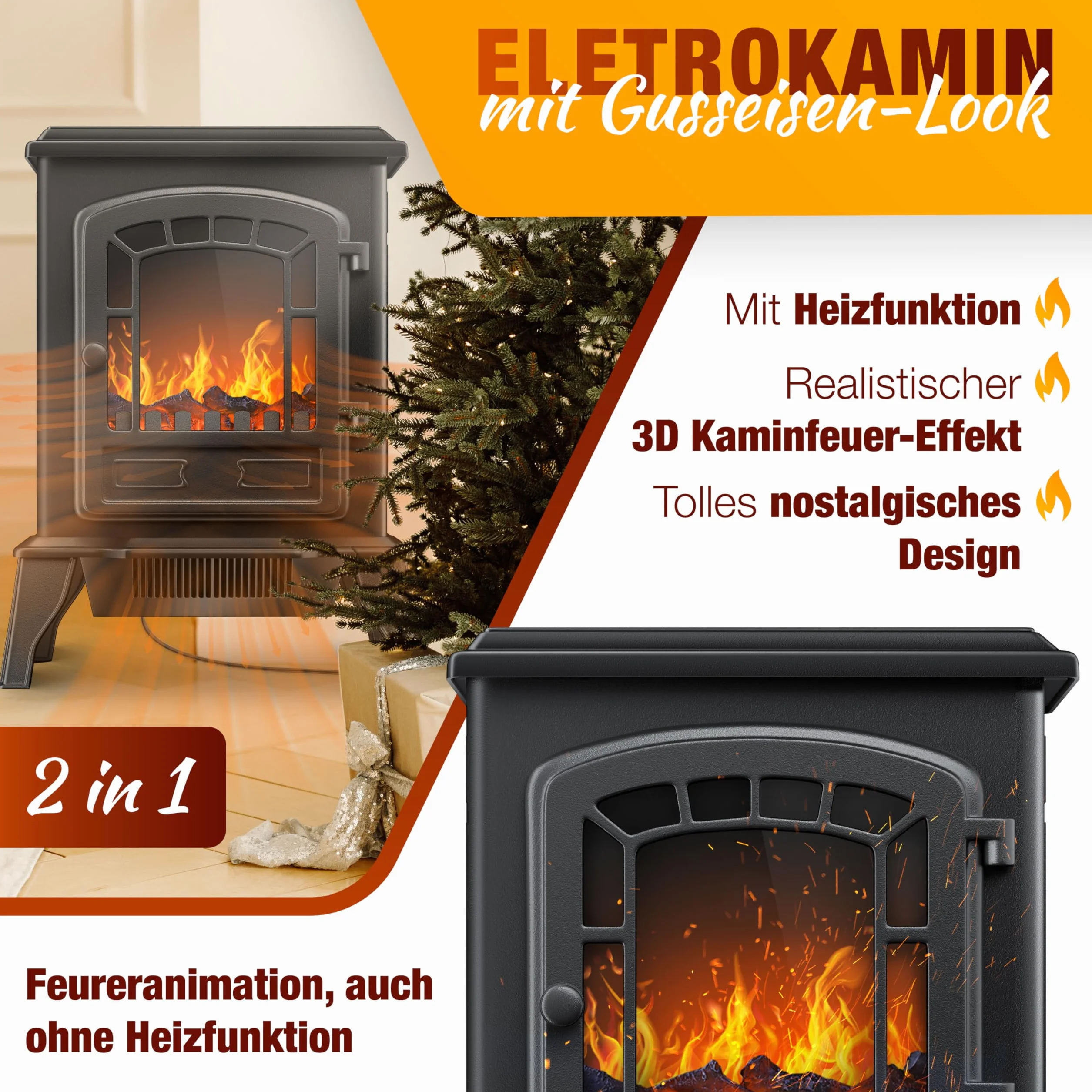 KESSER® Kominek elektryczny 2000 W z termowentylatorem, LED efekt płomienia, czarny