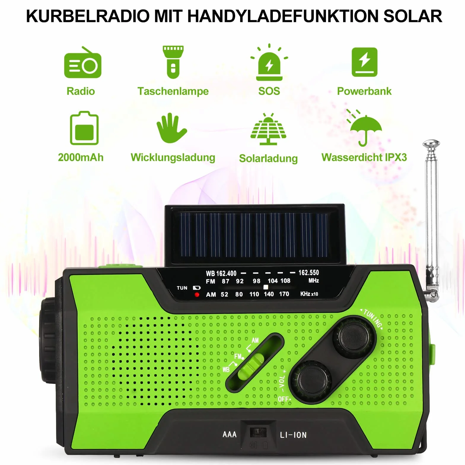 Przenośne radio korbowe AM/FM/NOAA z powerbankiem i latarką, 4 tryby ładowania, alarm SOS