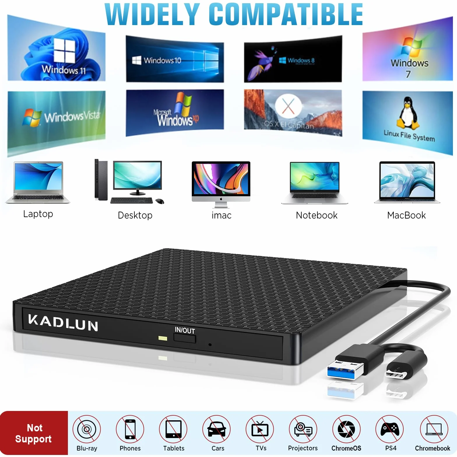 Zewnętrzny napęd DVD CD, USB 3.0 USB C, zewnętrzny napęd CD dla laptopa, komputera stacjonarnego, PC, Macbook, iMac, nagrywarka DVD +/-RW, napęd optyczny, zewnętrzny napęd DVD dla Windows 11/10/8/7/XP