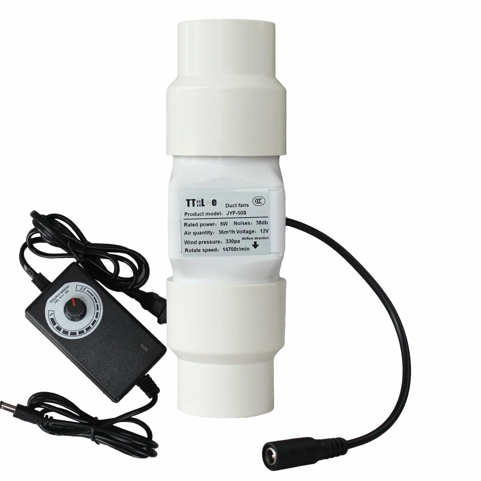 50 mm 2 cale Mały wentylator kanałowy z 40 mm interfejsem rur PVC 6 W 12 V 22 CFM Wentylacja do wzmacniania sklepienia piwnicy, szklarni, strychu, kuchni (Kolor: prędkość regulowana, Rozmiar: 50 mm/40