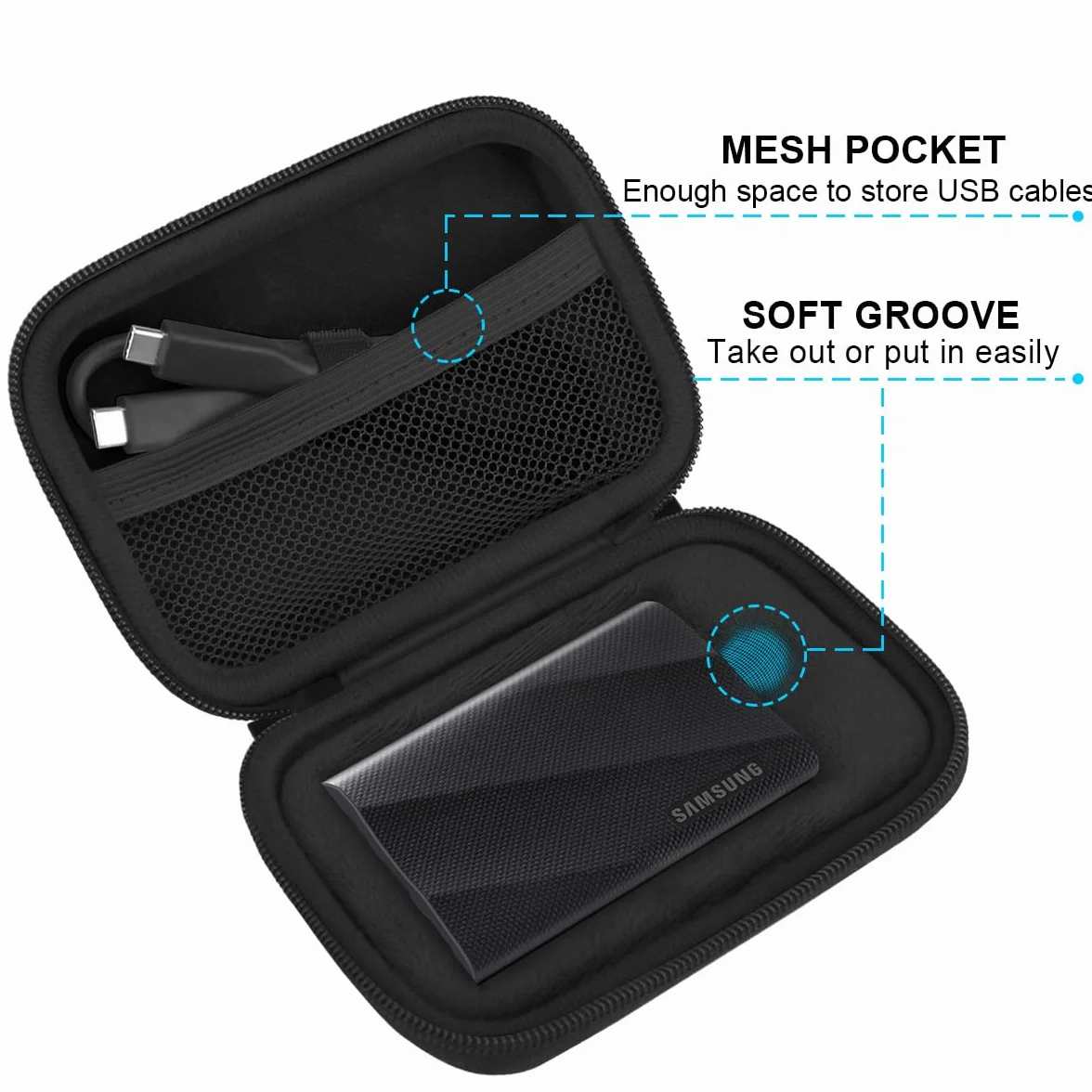 Lacdo zewnętrzna torba na dysk twardy pokrowiec ochronny do Samsung T9 Portable Solid State Drives 1TB 2TB 4TB USB 3.2 External SSD EVA odporny na wstrząsy futerał, Czarny+Czarny