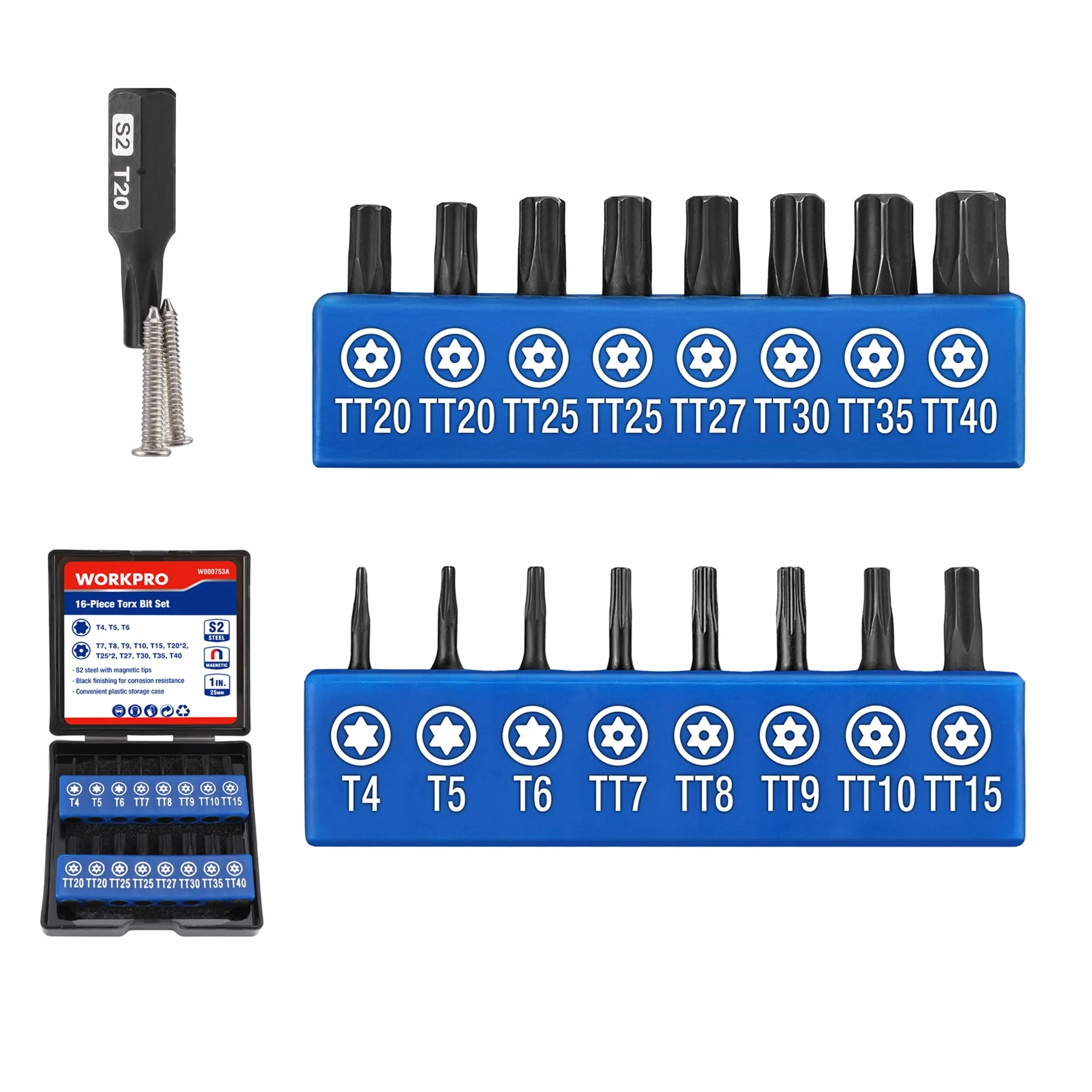 WORKPRO Security Torx zestaw bitów 16 szt., odporny na manipulacje zestaw bitów ze stali S2, trzpień sześciokątny 1/10.2 cm, końcówka wkrętakowa z magnetycznymi końcówkami w pudełku do przechowywania