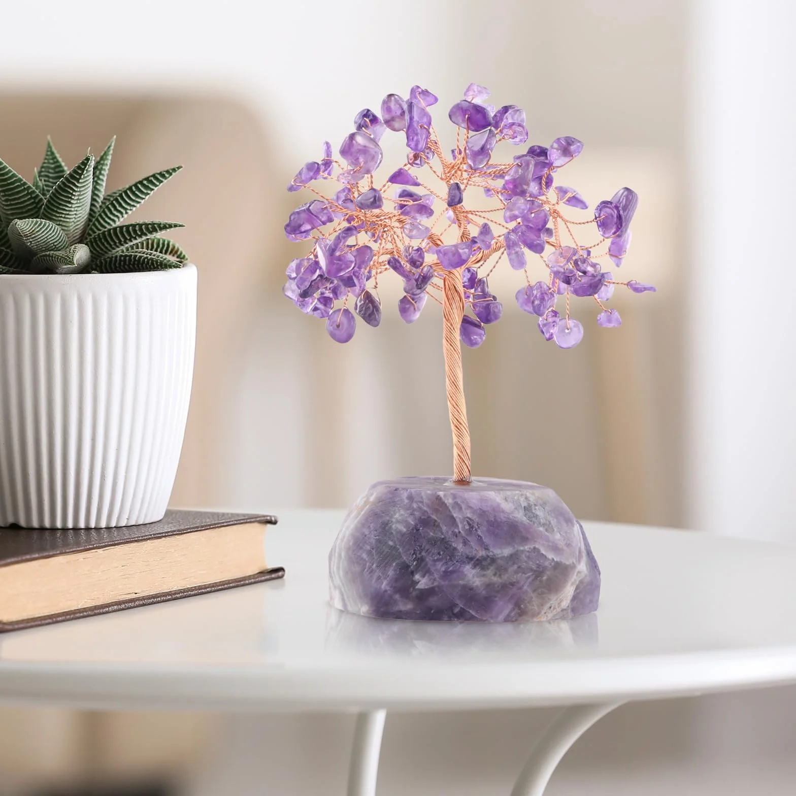 Drzewo kryształowe ametystowe, Reiki uzdrawiające drzewo kryształowe na naturalnych mini drzewkach kryształowych z bazą agatową, zawijanie drutu, kamienie bębnowe, Feng Shui, drzewo bonsai,