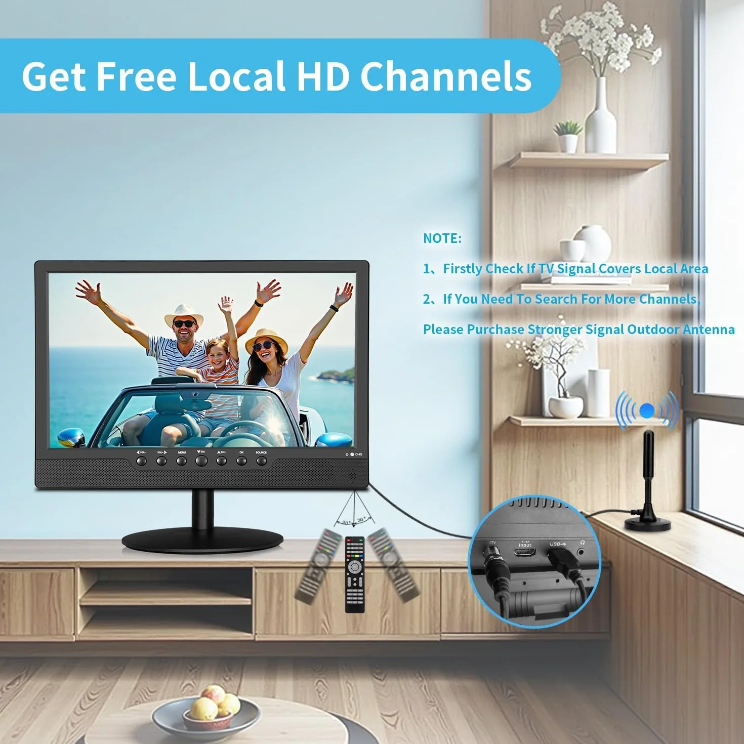 KCR 14,0-calowy cyfrowy przenośny telewizor DVB-T2, Freeview, ponownie ładowalny akumulator, złącze USB, złącze słuchawkowe, pilot zdalnego sterowania, wejście AV, wejście HDMI