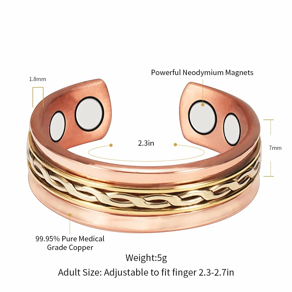 Tri Tone 3500 Gauss magnetyczne miedziane pierścienie dla kobiet lub mężczyzn, 99,95% miedziany pierścionek z 4 magnesami, regulowany rozmiar, prezent na Dzień Kobiet dla mamy, żony