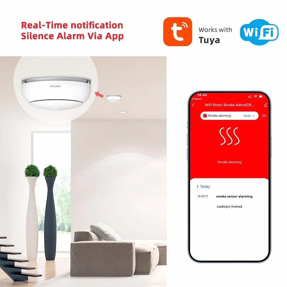 HEIMAN Czujnik dymu WiFi z przyciskiem wyciszenia, standard EN 14604, inteligentny czujnik ognia, WLAN (5), WS2SA-1-TY