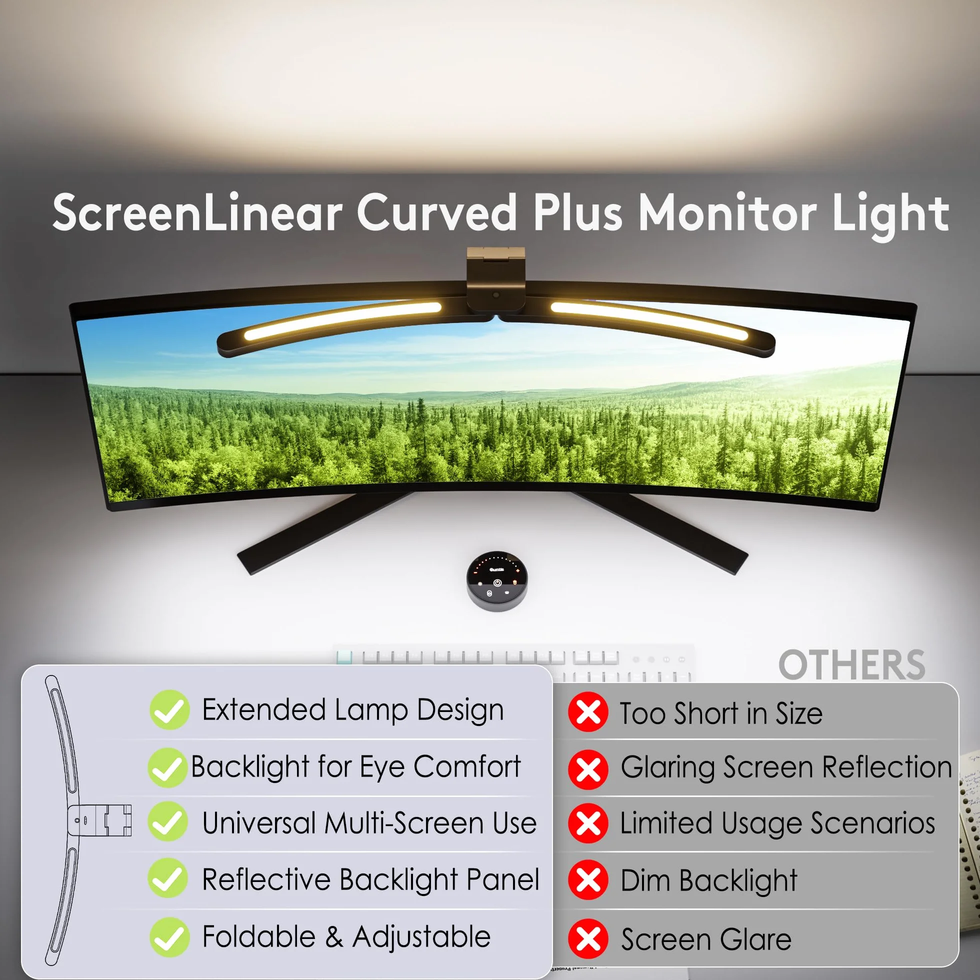 Quntis 66CM zakrzywiona lampa do monitora z pilotem i ciepłym białym podświetleniem, składana lampa do monitora z automatycznym ściemnianiem, regulowaną jasnością i temperaturą barwową