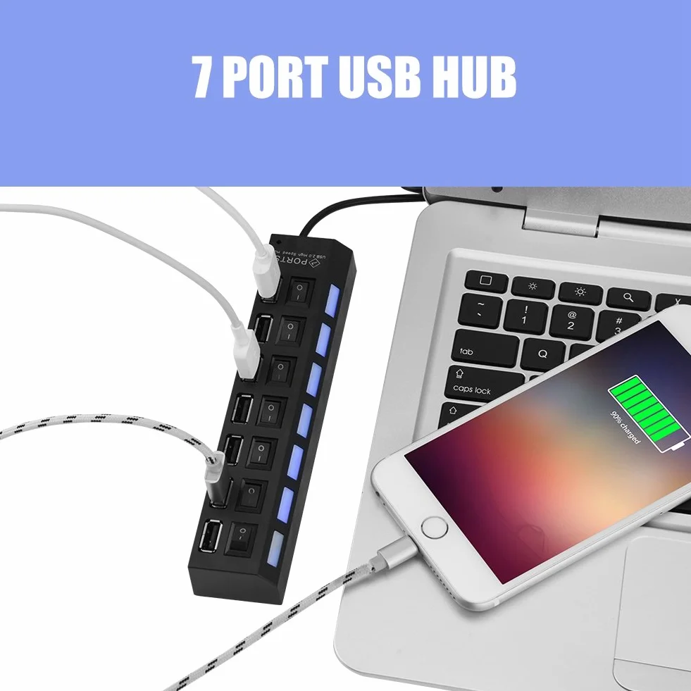 7-portowy hub USB 2.0 480 Mb/s koncentrator danych z przełącznikiem