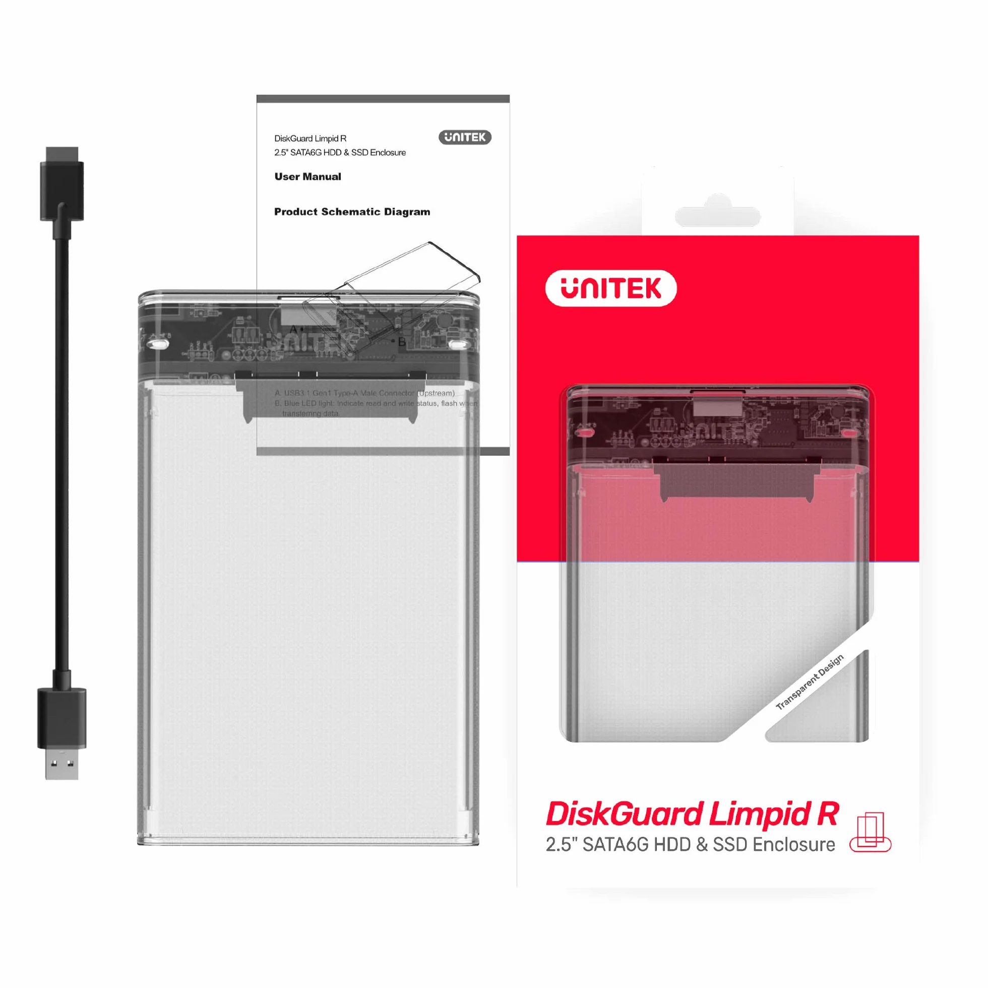 Obudowa UNITEK do dysków twardych 2,5 cala HDD/SSD SATA I/II/III, USB 3.0, przezroczysta