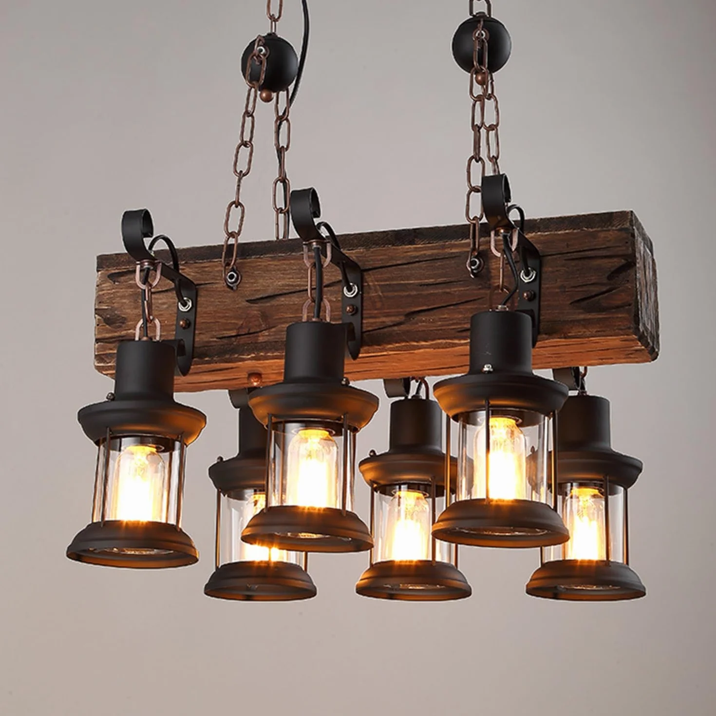 Lampa wisząca w stylu vintage, E27, rustykalna, drewniana belka, Edison, wisząca lampa sufitowa, drewniana, z regulacją wysokości, industrialna lampa wisząca
