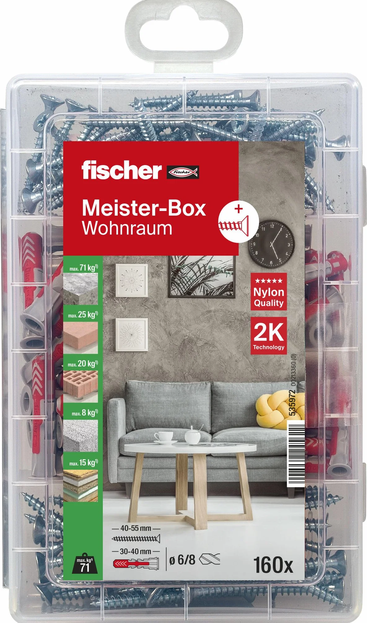 fischer MEISTER-BOX DUOPOWER + śruba, skrzynka narzędziowa z 160 kołkami i śrubami, uniwersalne kołki, praktyczny Zestaw, skrzynka na kołki Dla majsterkowiczów i profesjonalistów