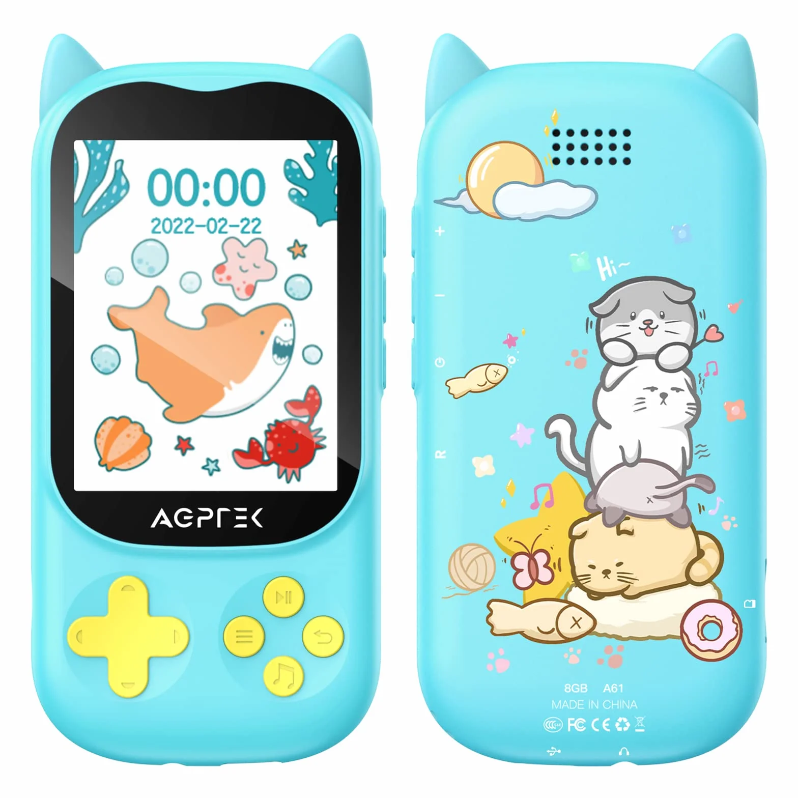 AGPTEK Odtwarzacz MP3 8 GB dla dzieci Bluetooth 5.3 Motyw kota Głośnik HD Wyświetlacz TFT 2,4 cala Radio FM Karta TF 128 GB
