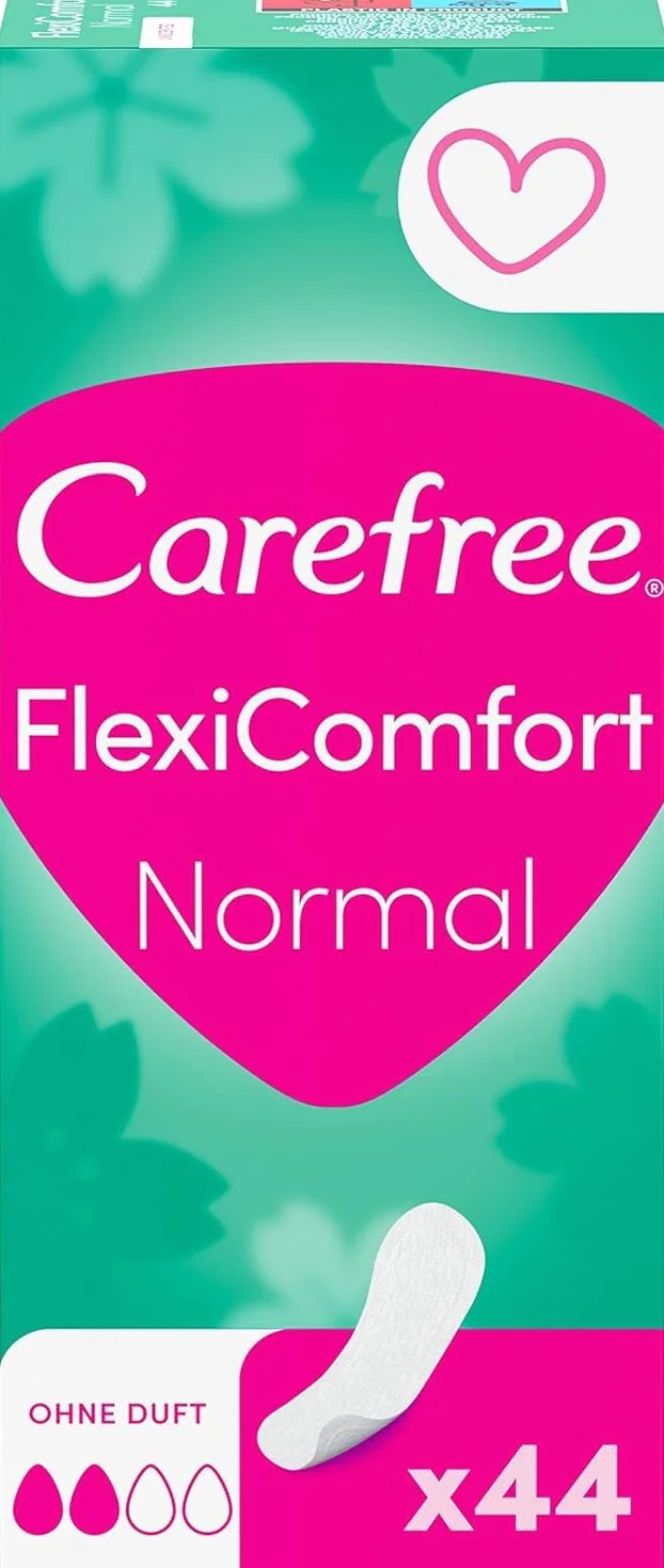 Carefree FlexiComfort wkładki higieniczne normalne, bez zapachu, elastyczne i ultracienkie wkładki zapewniają długotrwałe uczucie świeżości, rozmiar normalny, 44 sztuki