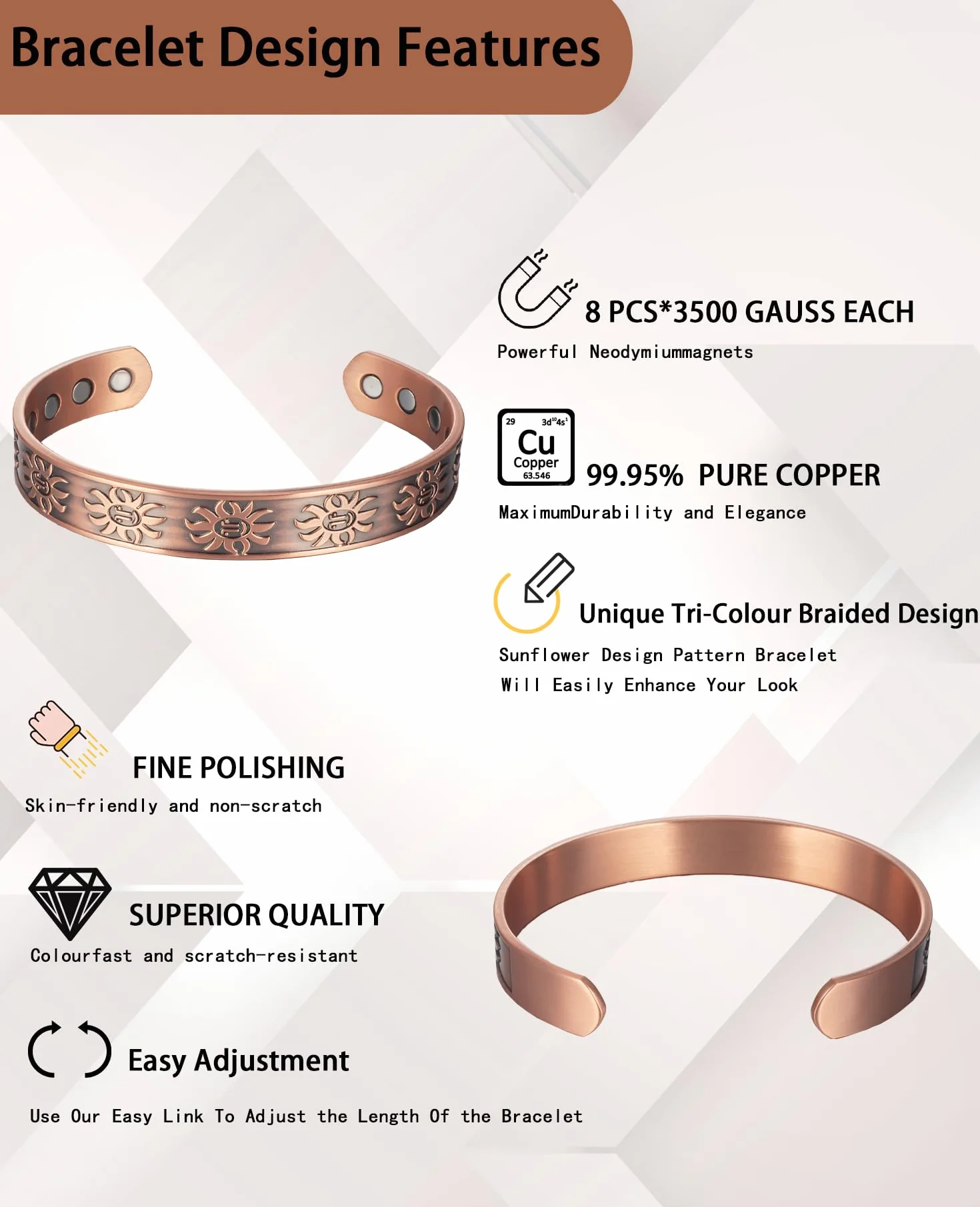MacCopper Męska bransoletka miedziana, 99,9% czystej miedzi, magnetyczna bransoletka z 8 magnesami, 16,5 cm, regulowane magnesy, biżuteria z pudełkiem na biżuterię, miedź A