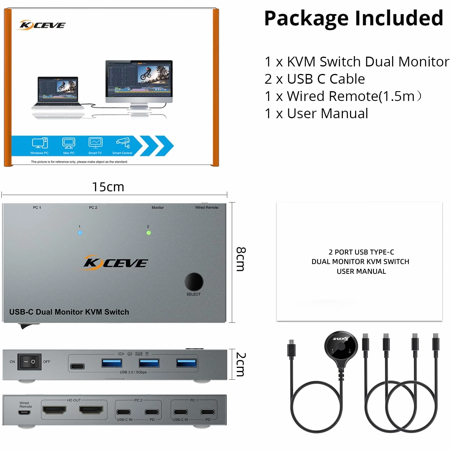 KVM Switch 2 Komputery 2 Monitory USB C HDMI 4K@60Hz Dual Monitor MST 80W PD Wired Remote