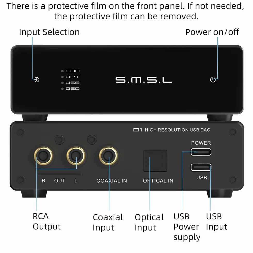 S.M.S.L D1 Hi-Res Audio Dac RohmBD34352EKVchip Touch Control RCA oup 768kHz/32bit DSD512 THD+N 0.00038% MQA Audio DAC Dual USB/Optical/Coaxial input SNR126dB for phone/pad/PC/TV/DVD Home Desktop DAC