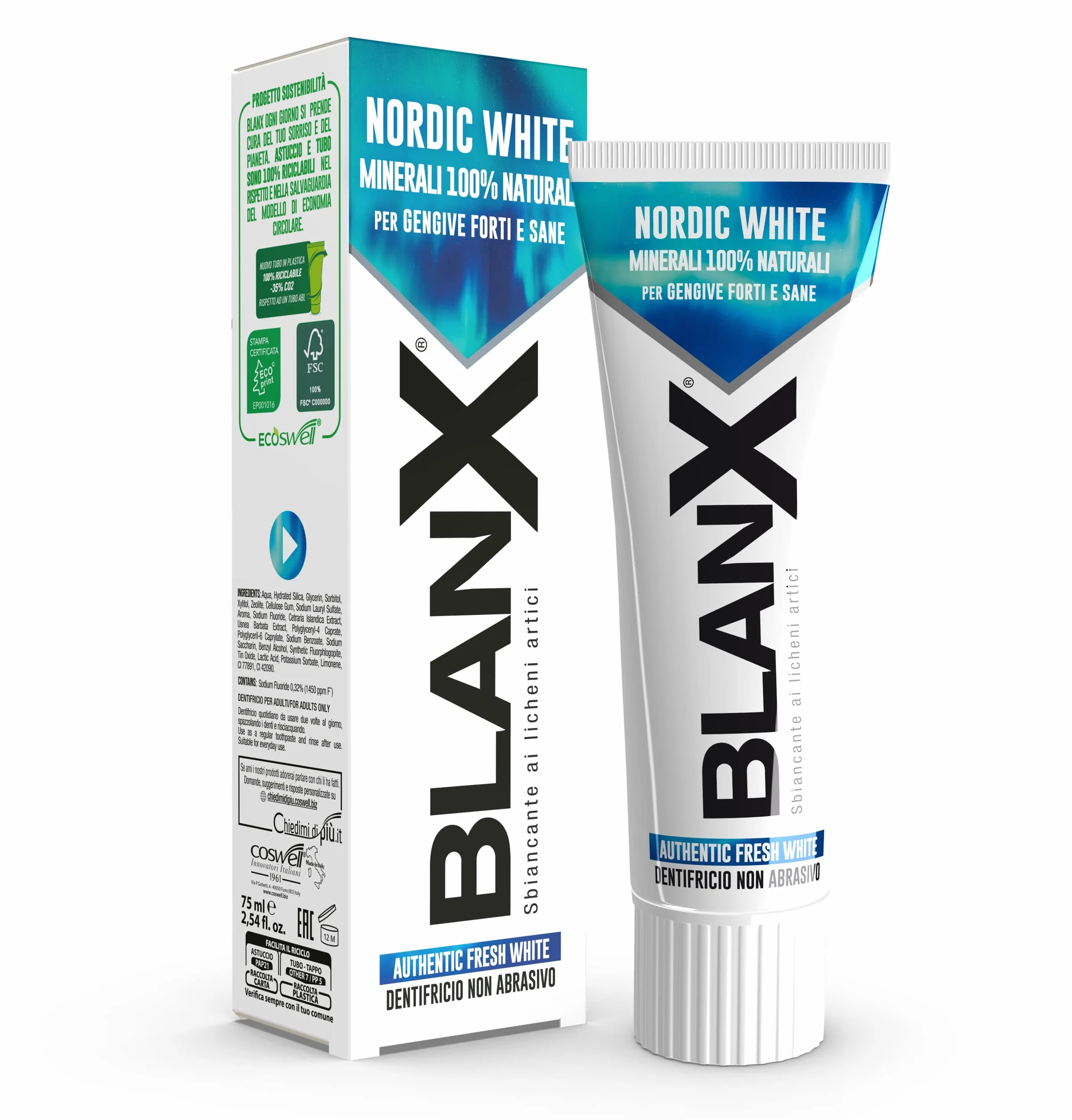 BlanX, Nordic White pasta do zębów przeciw plamom, w 100% z naturalnych włókien, uspokajająca i regenerująca, natychmiastowa świeżość, format 75 ml