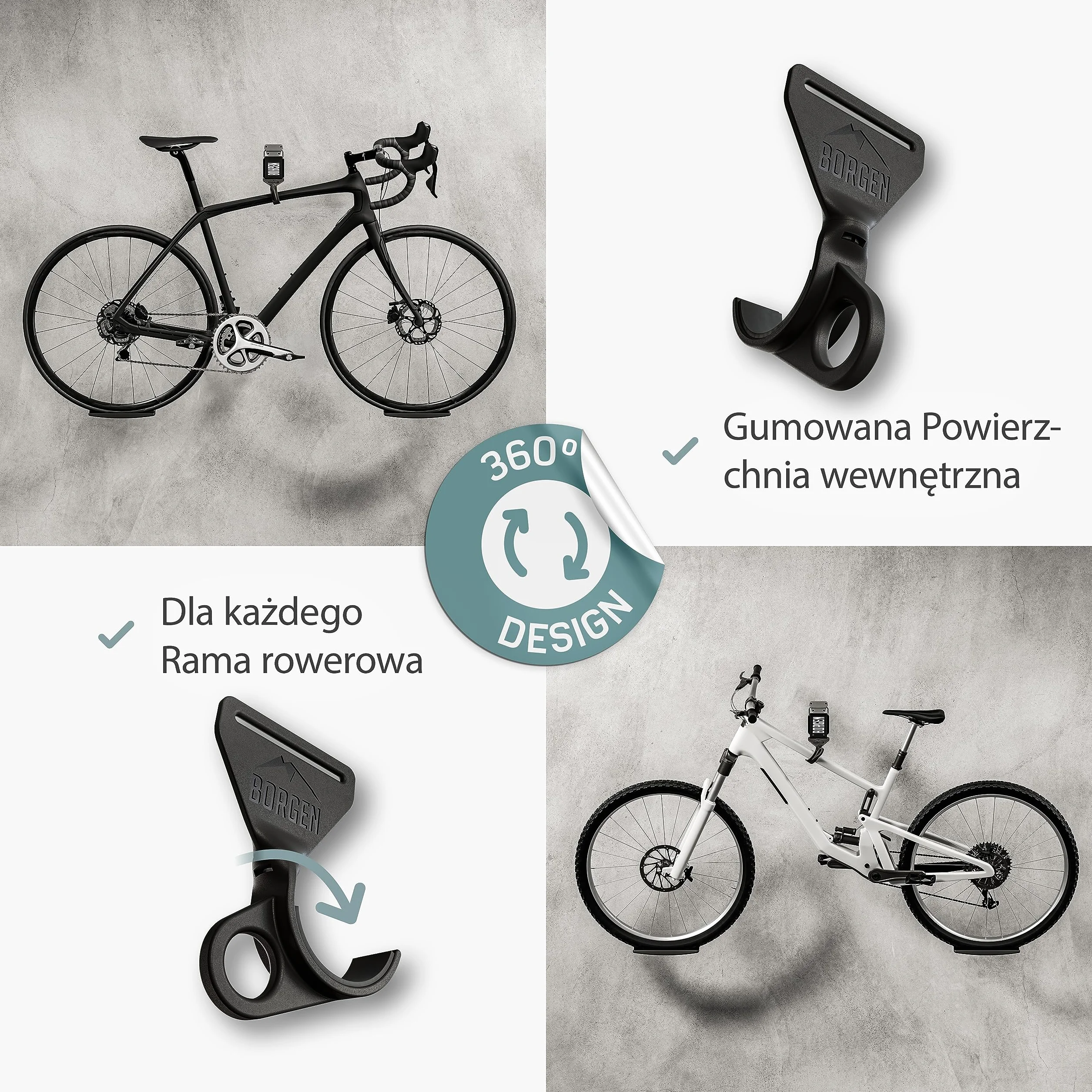 Borgen uchwyt na rower - regulowany uchwyt - kompatybilny z rowerami elektrycznymi, szosowymi, MTB i wyścigowymi - gumowany hak przed zarysowaniami