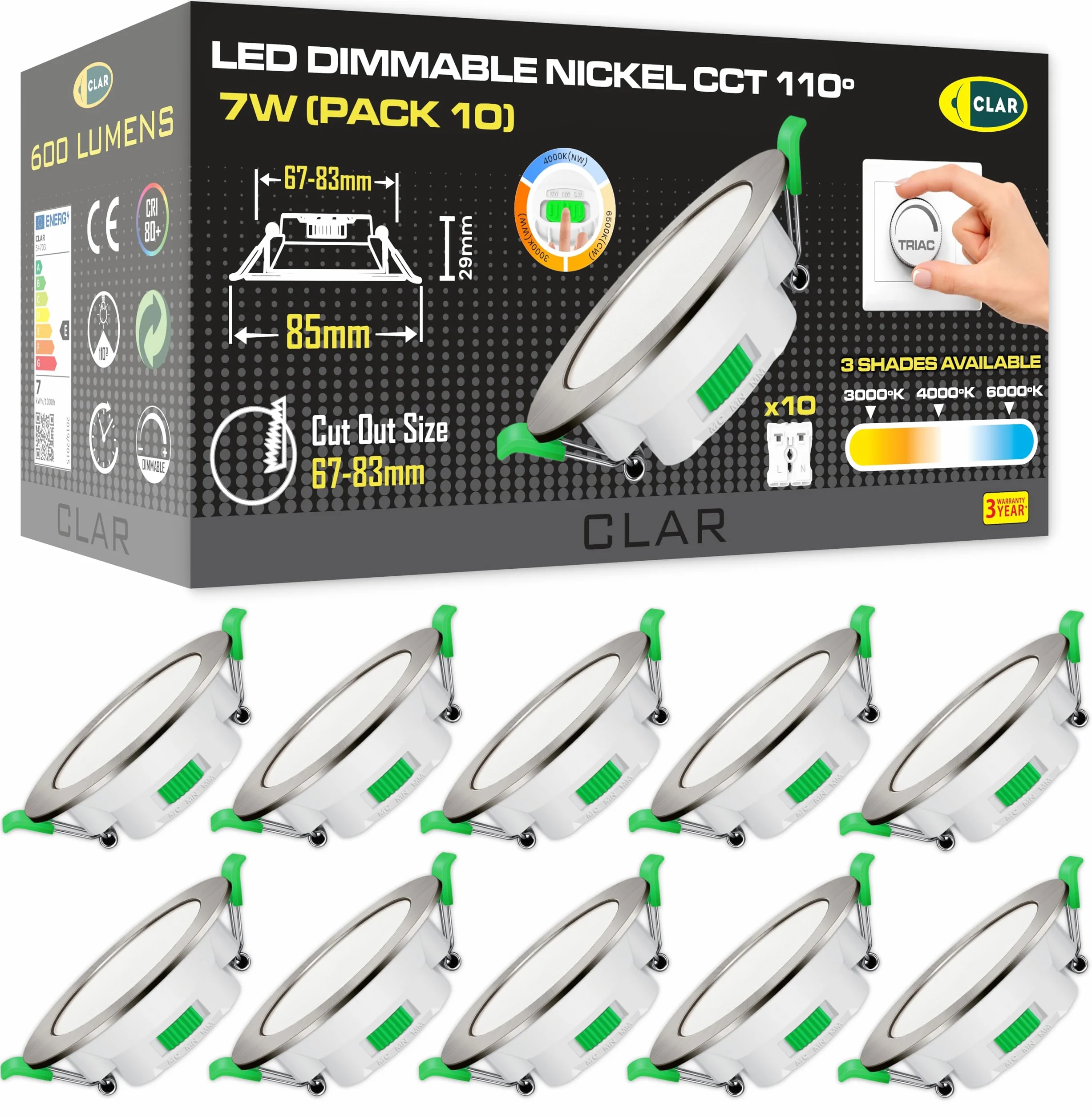 CLAR - Oprawa sufitowa LED do zabudowy, oświetlenie sufitowe LED, reflektory sufitowe, ściemniane światło 7 W, 3 odcienie, nikiel (opakowanie 10)