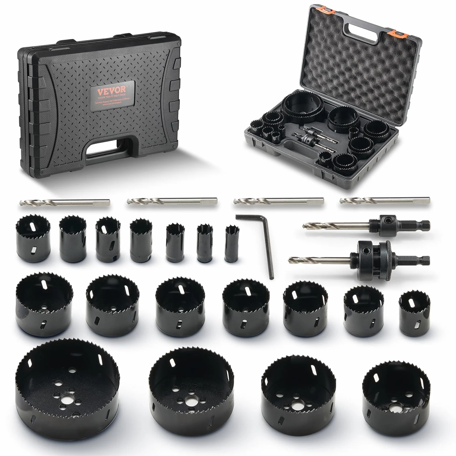 VEVOR zestaw do piły do otworów, 18 sztuk brzeszczotu, 6 wierteł, 1 klucz sześciokątny, uniwersalny rozmiar od 3/4 ″ do 4-1/2", zestaw do piły Bi Metal M42 z futerałem, idealny do drewnianych desek,