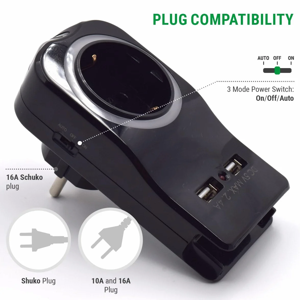 Podwójna wtyczka do gniazdka z USB, gniazdo wtykowe z 1 zestykiem ochronnym 16 A i 2 wtyczkami sieciowymi USB, adapter do laptopa/smartfona, multiplug do domu i biura, wskaźnik LED, czujnik dnia i