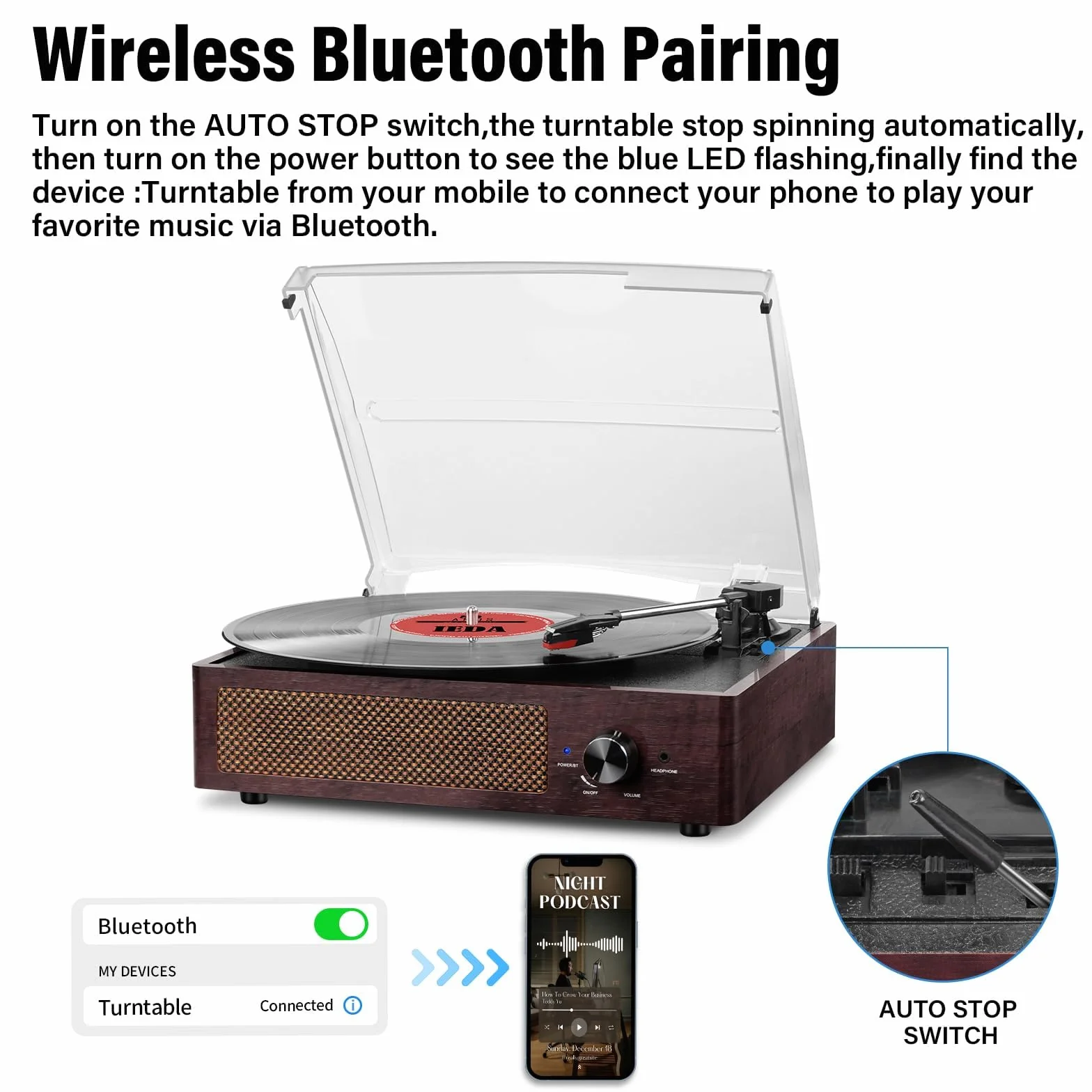 Przenośny gramofon Bluetooth Trzy Prędkość (33 1/3, 45 I 78 RP), Vintage Winyl Gramofon z wbudowanymi głośnikami Stereo, obsługuje wyjście RCA/gniazdo słuchawkowe Brązowy
