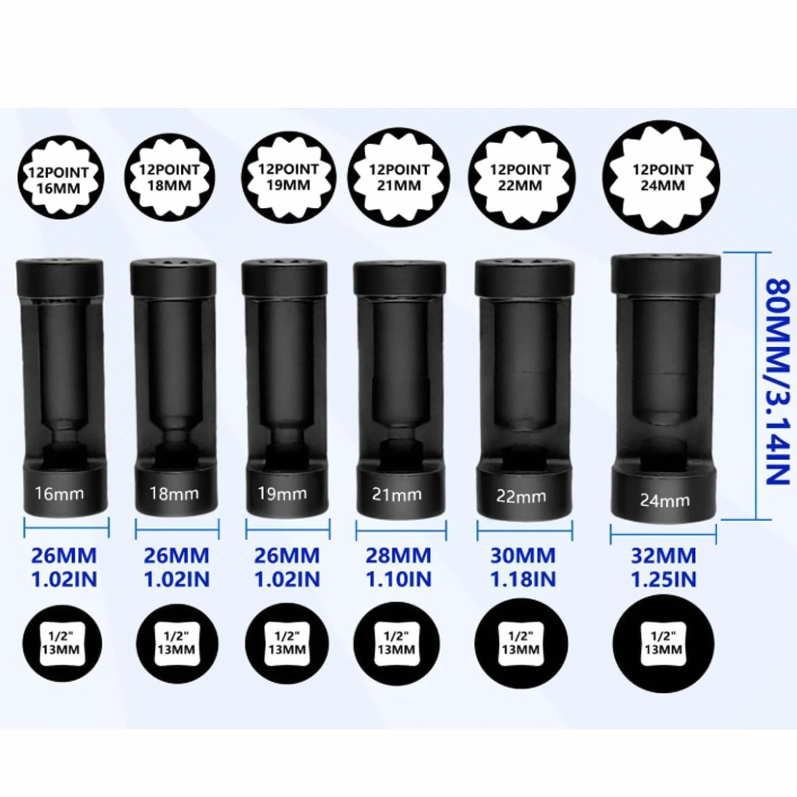 6-częściowy zestaw kluczy nasadowych do nakrętek amortyzatorów, 16 mm, 18 mm, 19 mm, 21 mm, 22 mm, 24 mm, narzędzie do usuwania nakrętek amortyzatora, zestaw kluczy nasadowych do di