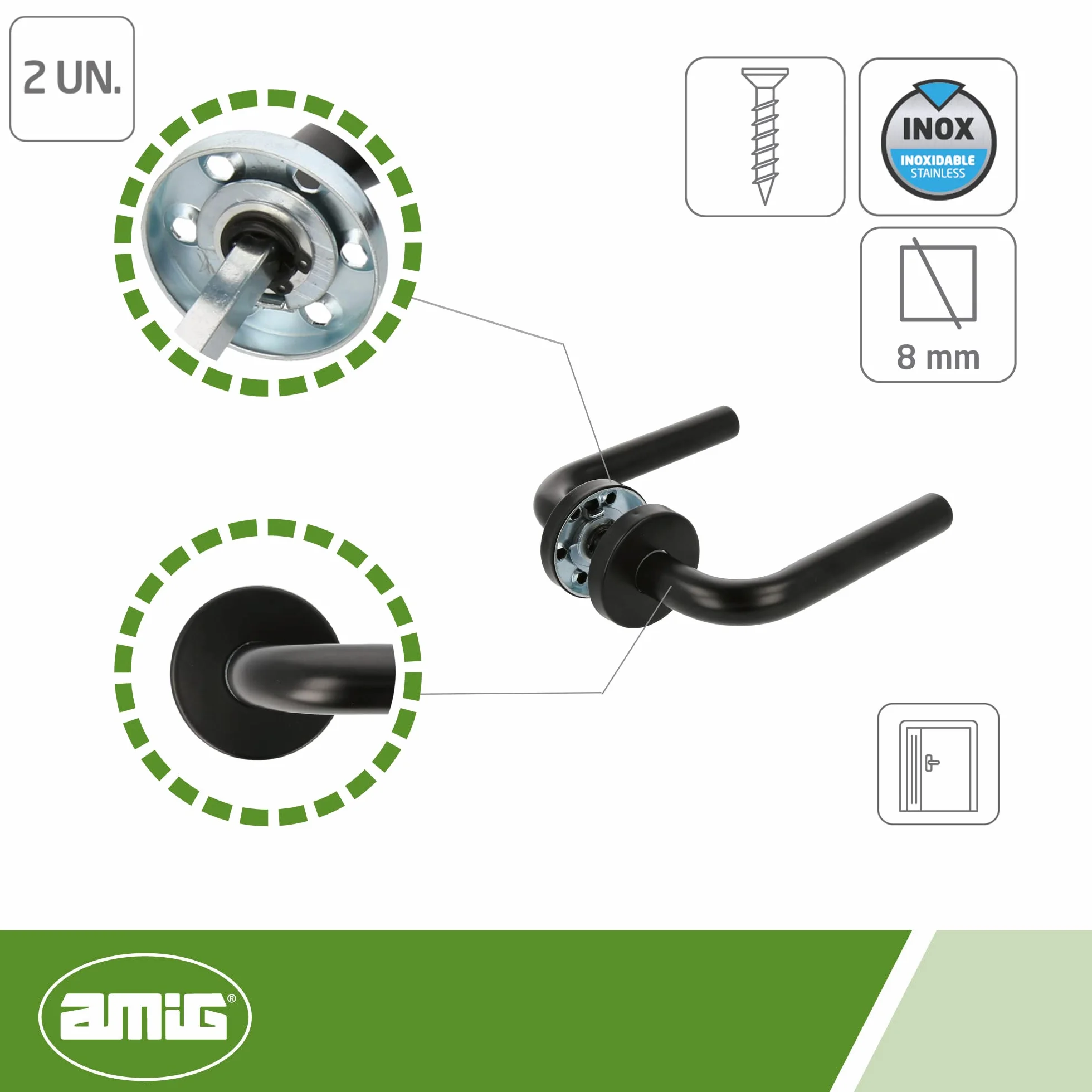 Amig - Zestaw klamek do drzwi z rozetą wewnętrzną | Mod. 4RX | 135 x Ø19 mm | 8 mm kwadrat | elegancki i prosty design | czarna stal nierdzewna