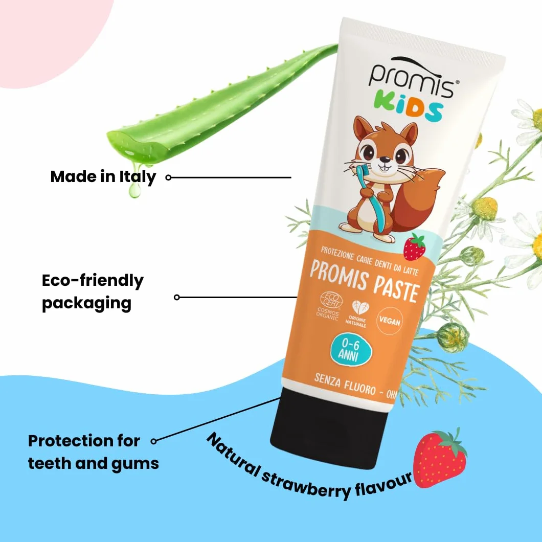 Promis Paste Kids pasta do zębów dla dzieci bez fluoru 0-6 lat, przeciw próchnicy z hydroksyapatytem, naturalna i ekologiczna, bezpieczna w przypadku połknięcia, truskawki, na zęby mleczne