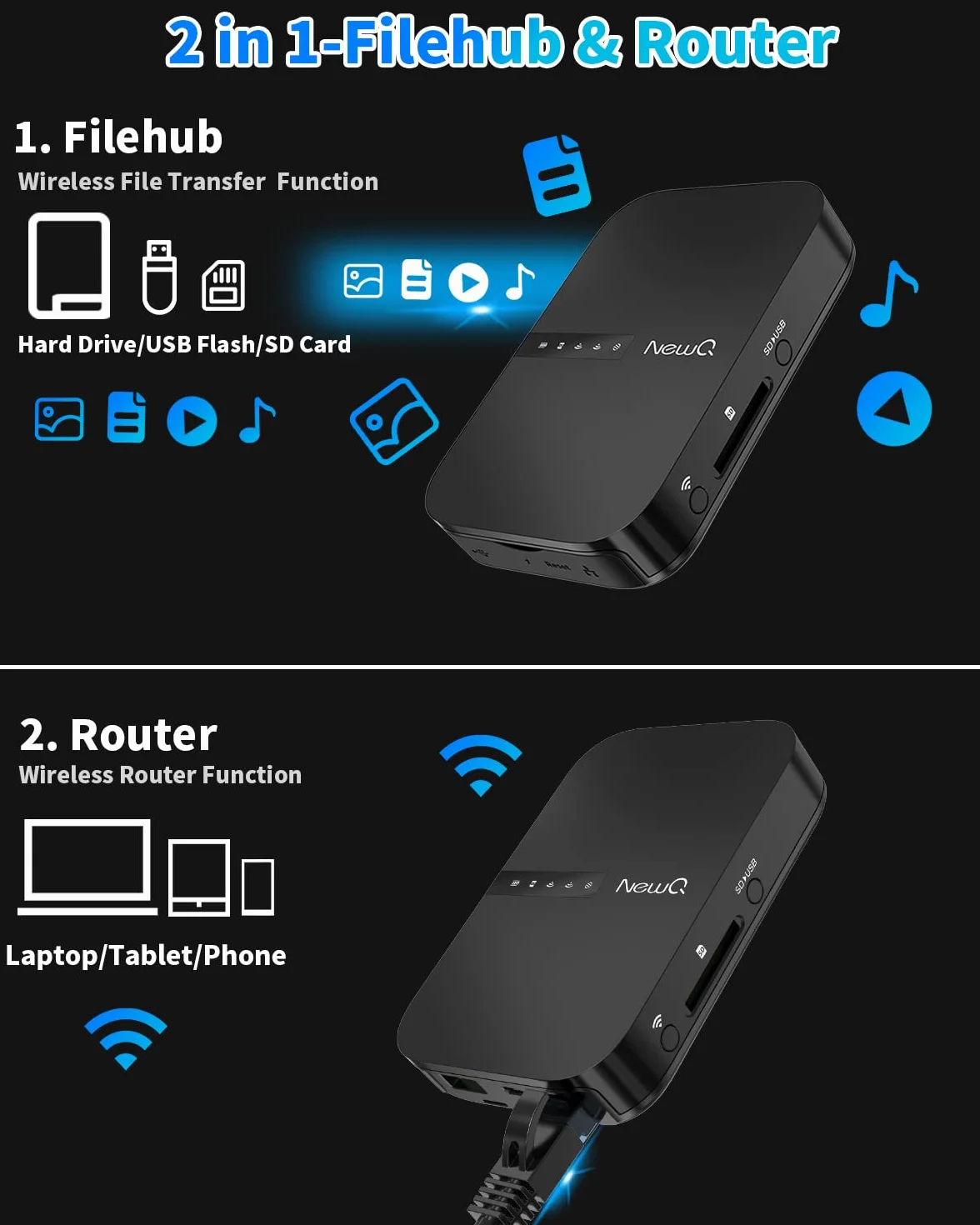 NEWQ Filehub AC750 przenośny dysk twardy czytnik SD bezprzewodowy dostęp do zewnętrznego dysku USB