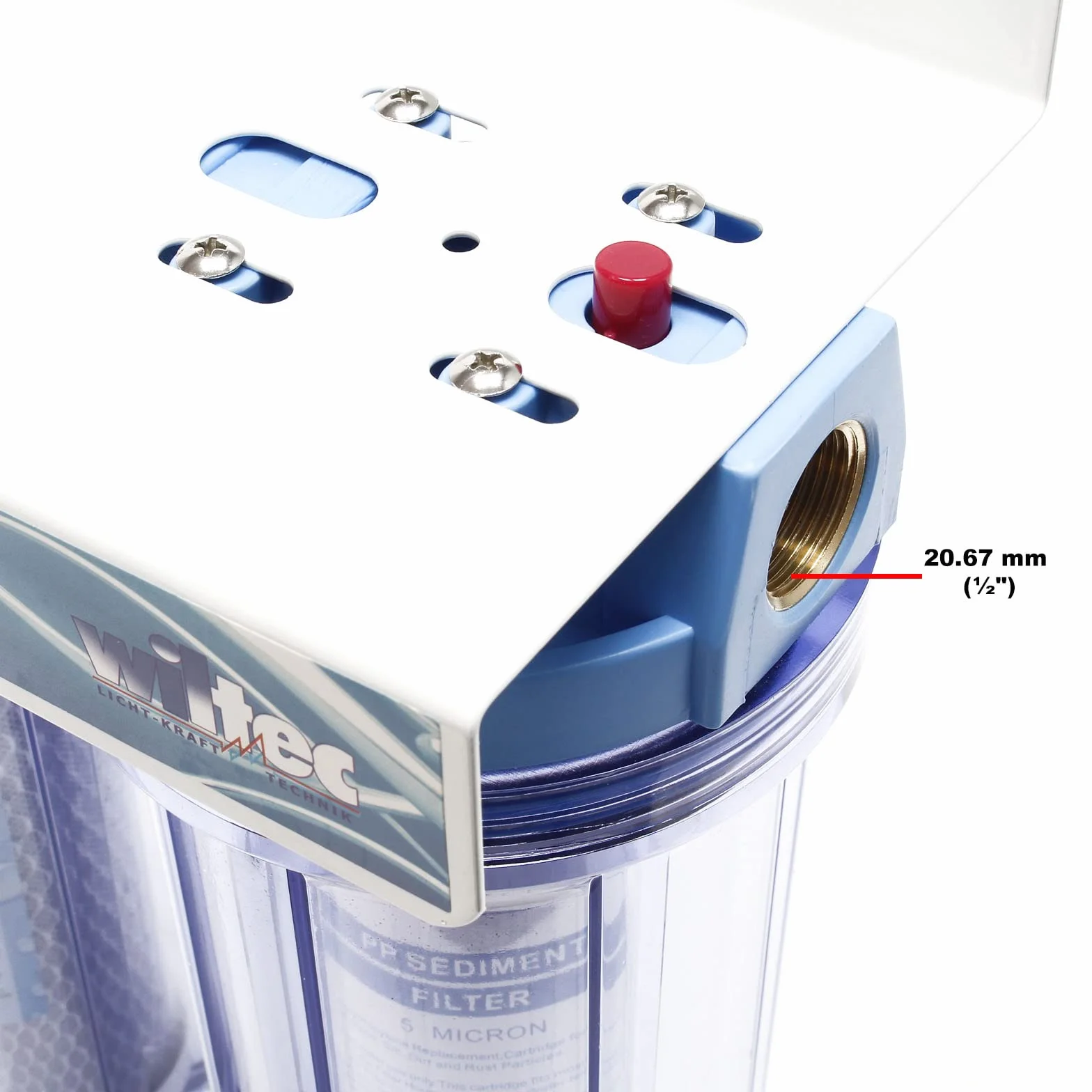 Naturewater NW-PR103 3-stopniowy filtr do wody, 5 µ, 20,67 mm (1/2"), wkład PP Ø62 mm, uchwyt ścienny filtra, klucz do filtra, filtr osadów blok węgla aktywnego granulat węgla aktywnego