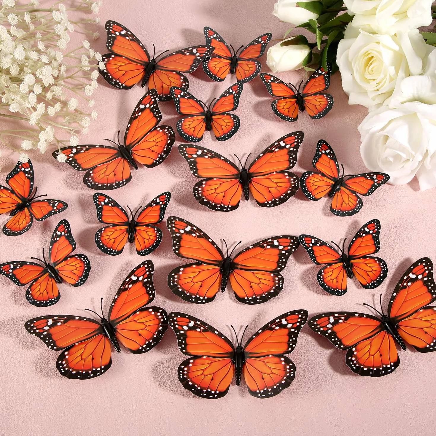 24 Szt. Magnesy Motyl Monarcha, Sztuczny Dekoracje, Naklejki Scienne 3D Motyl Naklejka do Rzemiosla Sciany Domu Wystroju Sztuki Lodówki Halloween Urodzin Imprezy (Pomaranczowy)