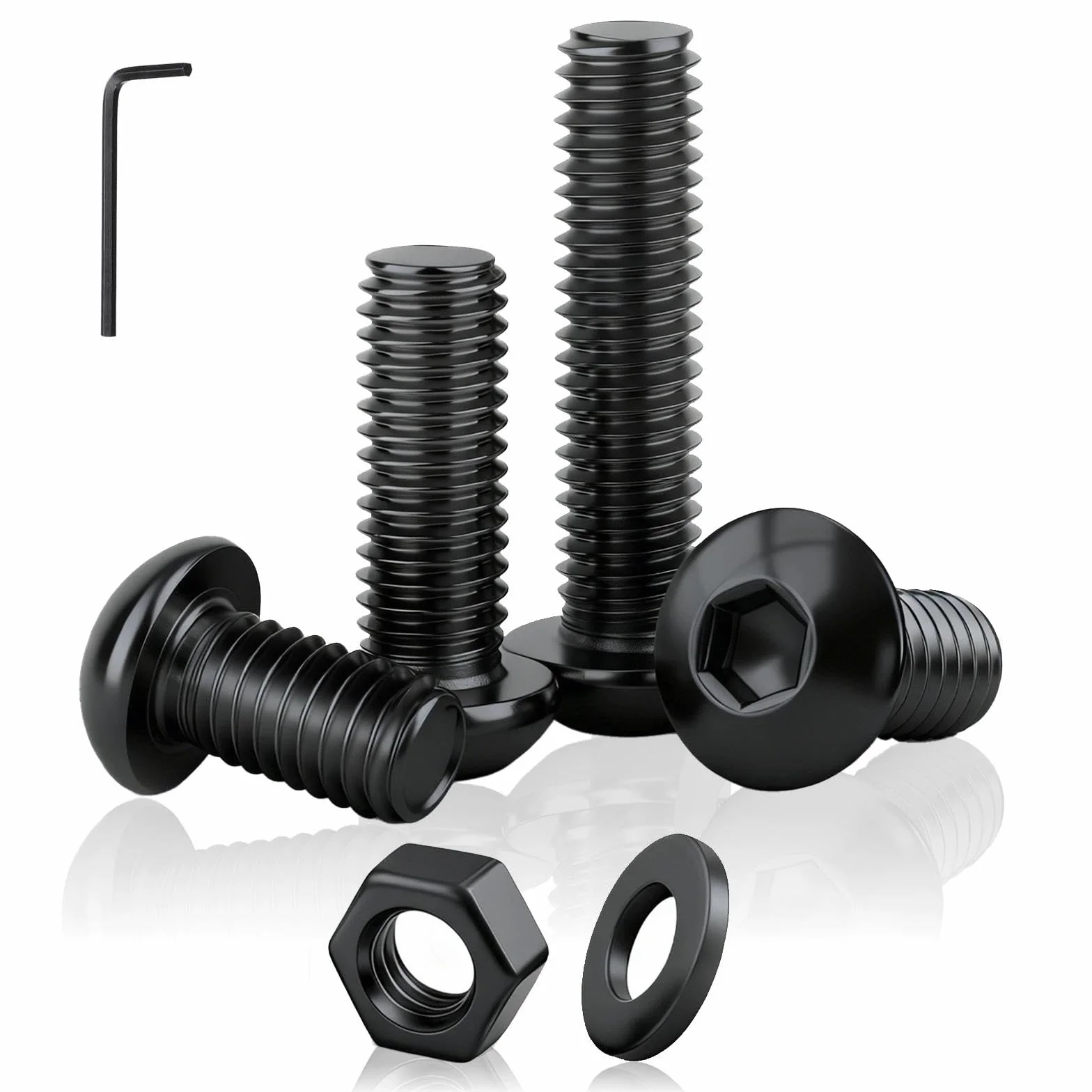 30 sztuk śrub z łbem soczewkowym M5 x 45 mm, z łbem sześciokątnym, ISO 7380, śruby sześciokątne, czarne, ze stali węglowej, śruby z łbem okrągłym z nakrętkami, podkładkami, kluczem imbusowym
