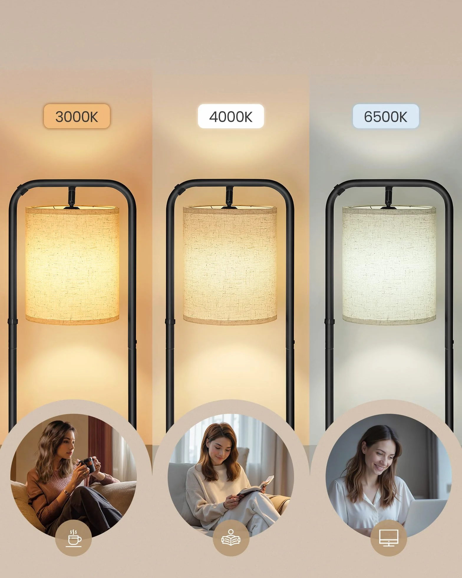 VASAGLE Lampa stojąca z regałem, przełącznik nożny, żarówka LED, abażur z materiału, z 3 drewnianymi półkami, do sypialni, biura, 29,9 x 31,8 x 160,5 cm, kolor czarny atramentowy LFL001BD02