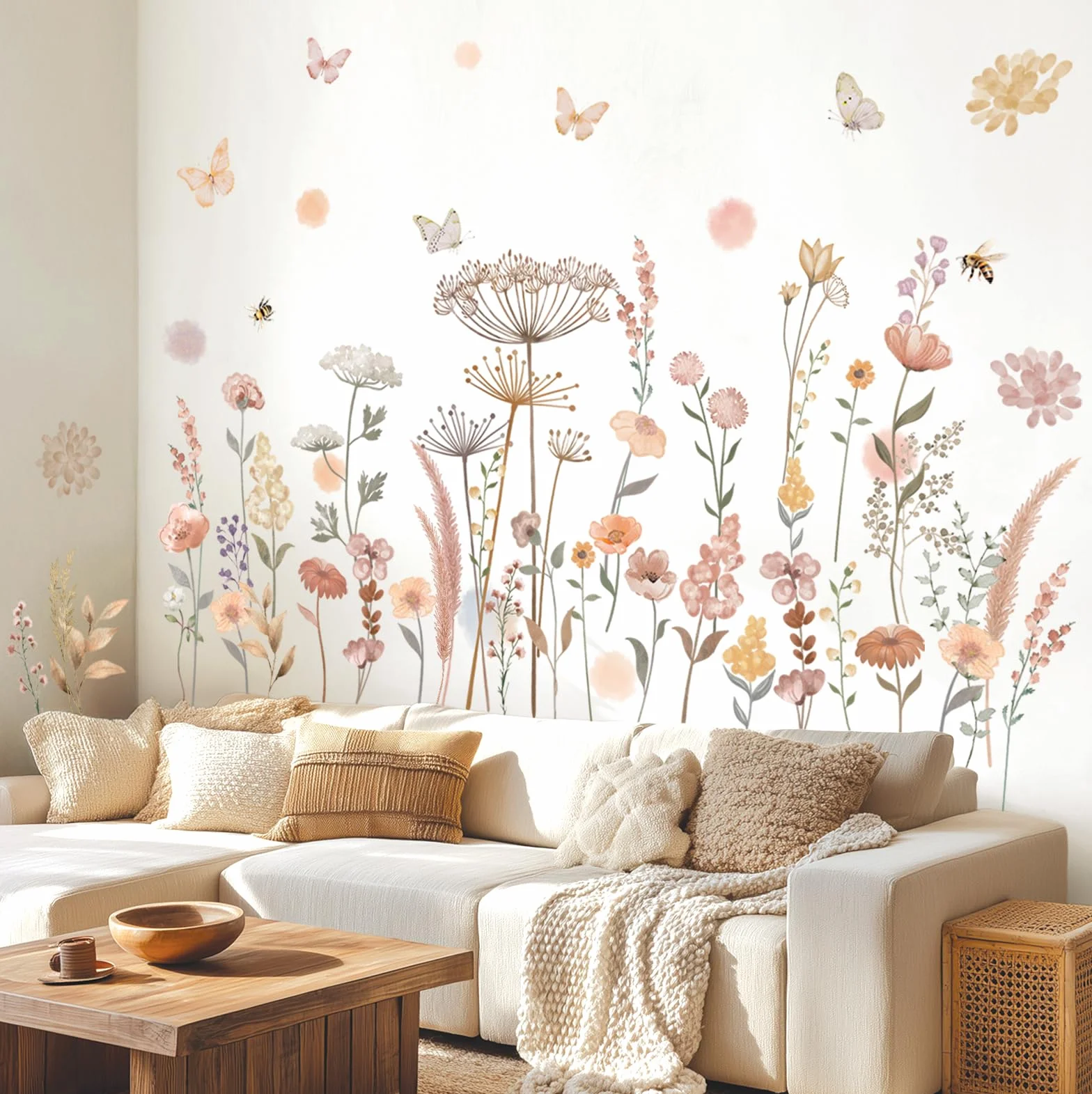 DECOWALL SG2-2421 Naklejki ścienne z Boho Kwiaty w akwareli Polne kwiaty Trawa Sypialnia Home Decor Art Kolorowe różowe rośliny Zdejmowane skórki i sztyfty Dom przedszkola DIY Liście Ogród
