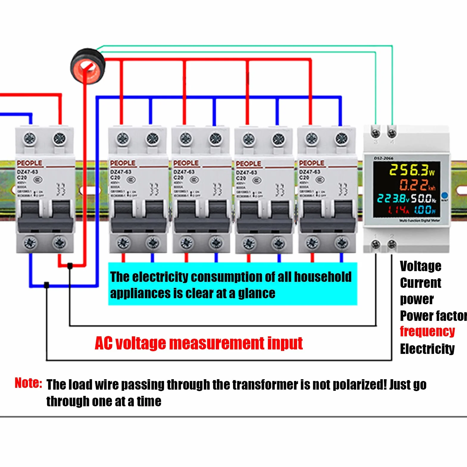 D52 2066 Watomierz Kolorowy Ekran LCD Typ Szyny Domowej 220V Inteligentny Jednofazowy Licznik Energii Monitor Zużycia Energii Elektrycznej AC 40 do 300V