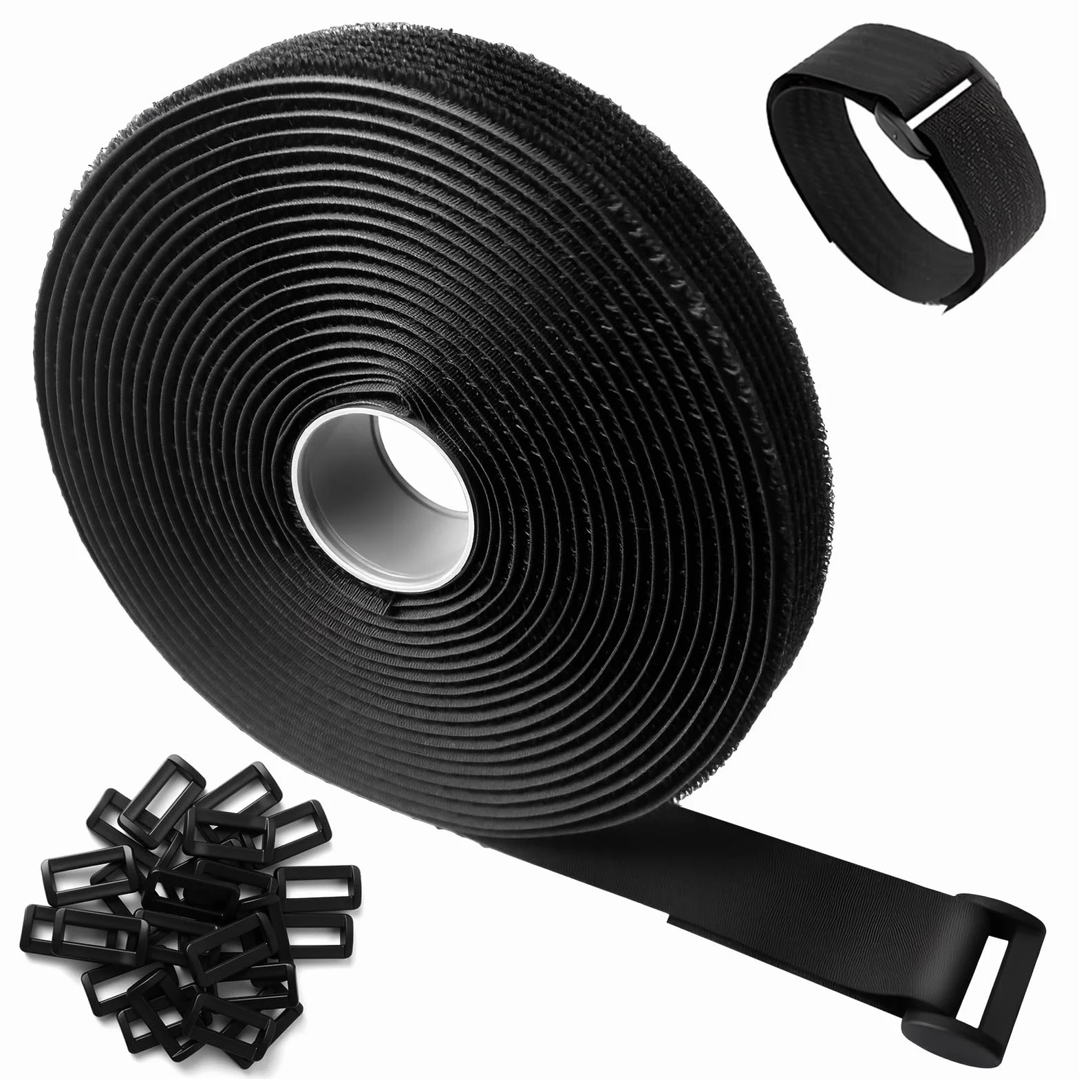Opaska kablowa na rzep 10 m, 25 mm taśma na rzep z 50 metalowymi klamrami, regulowane paski mocujące do kabla, możliwość przycięcia, szerokość 2,5 cm (10 m x 25 mm)