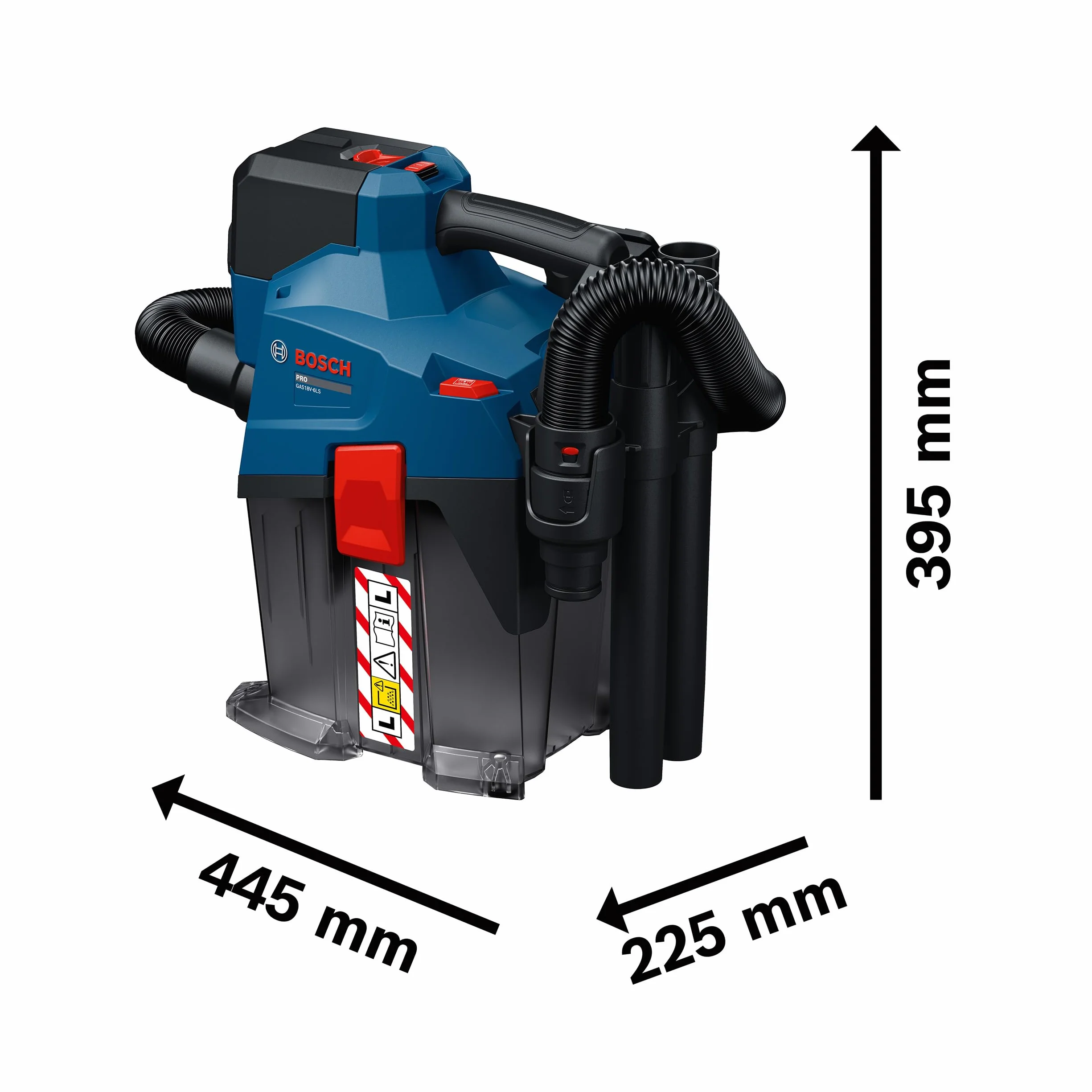 Bosch PRO 18V System Odkurzacz akumulatorowy GAS18V-6LS (elastyczny wąż, kolanko, dysza do fug, dysza do podłóg, adapter do elektronarzędzi, rury, worek włókninowy)