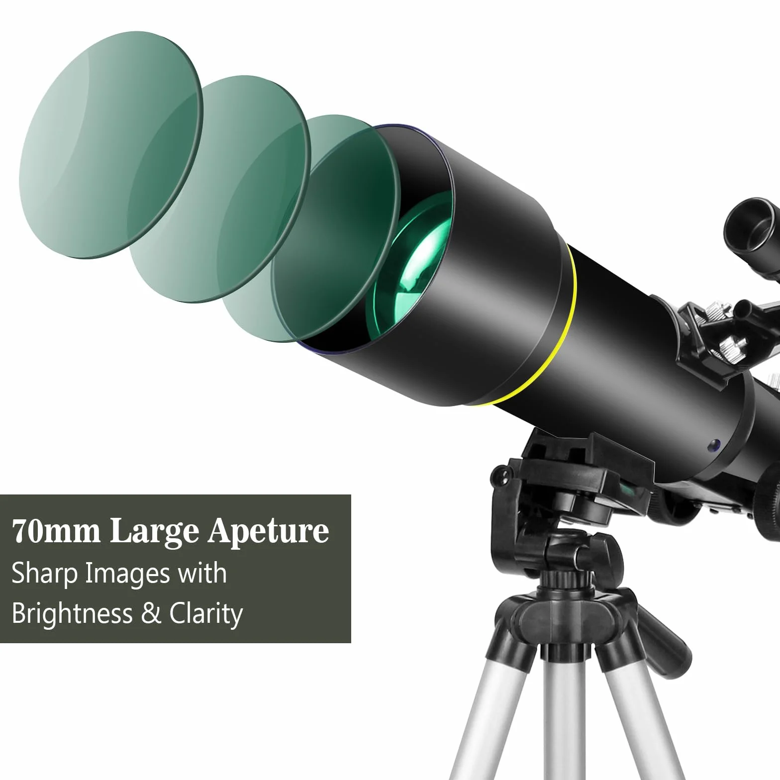 Teleskop dla dorosłych początkujących, otwarcie 70 mm, 400 mm, wsparcie AZ, wielopowłokowy refraktor optyczny, podróżny ze statywem, adapter do telefonu (czarny)